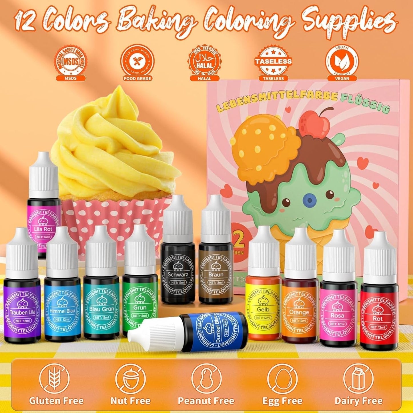 Flüssiges Lebensmittelfarbset 12 x 12 ml Naty Shop