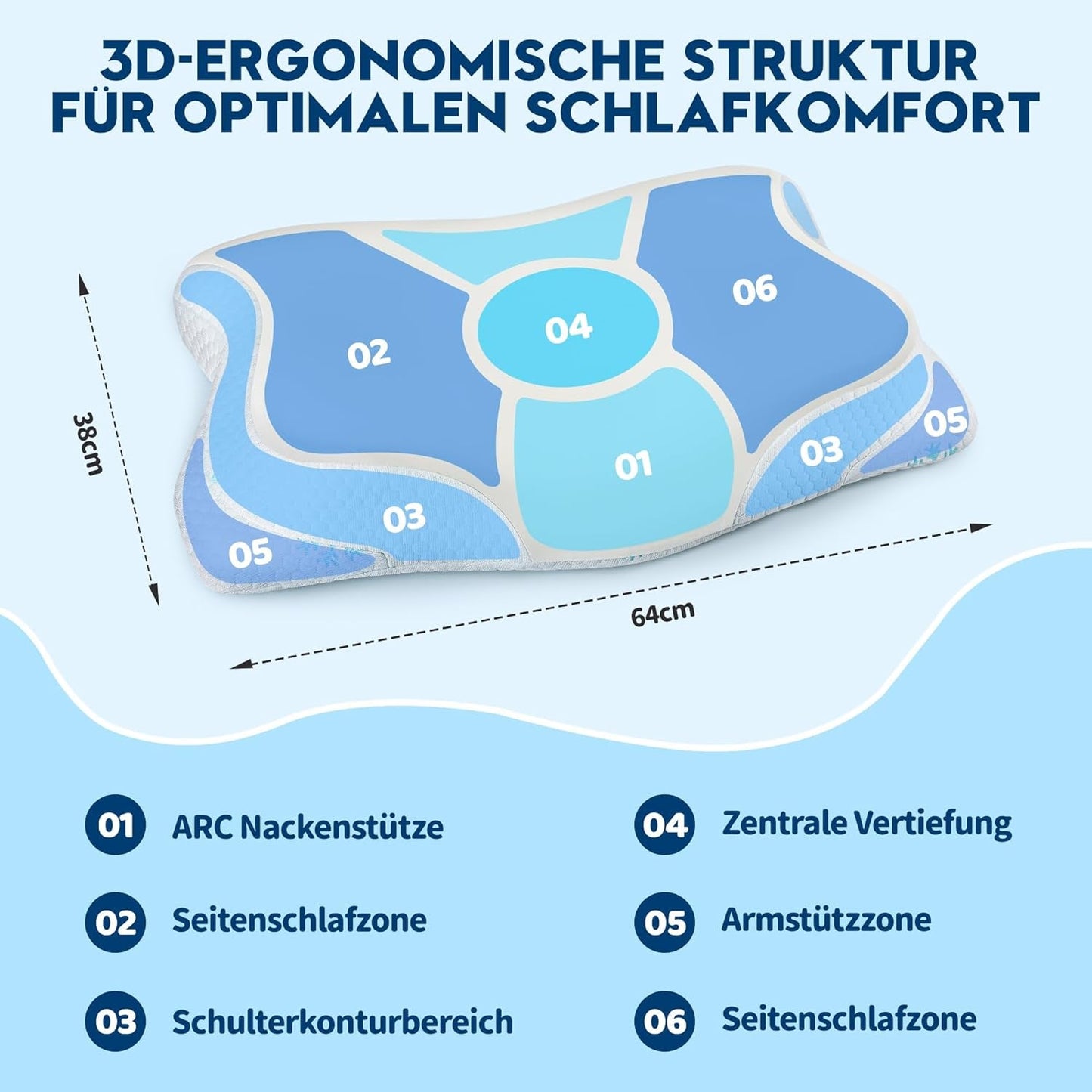 Cloudétoile Nackenkissen Memory-Schaum-Kissen – 2-in-1 ergonomisches orthopädisches Kissen, Visco-Schaum-Kissen, Seitenschläfer-Nackenstützkissen, höhenverstellbares Memory-Schaum-Kissen, weiß, 64 x 38 x 12 cm, orthopädische Nackenkissen, Naty Shop