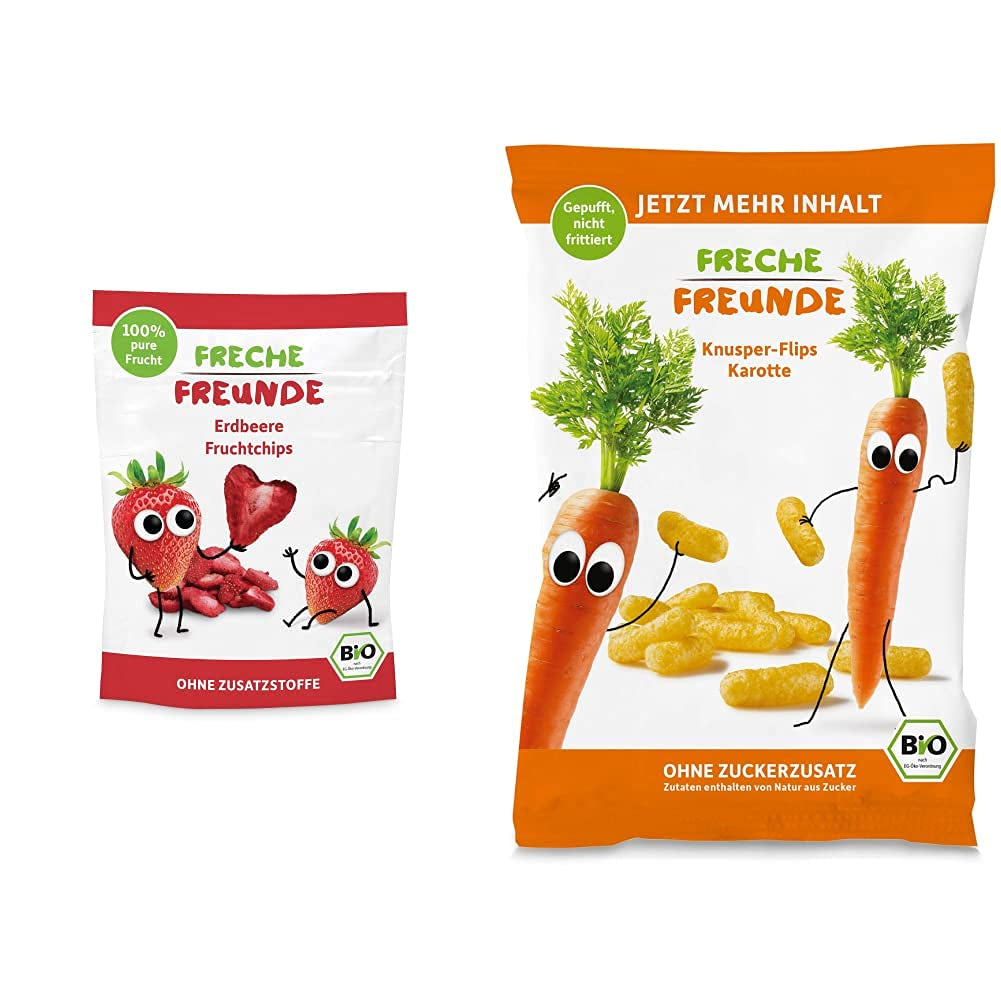 Bio-Fruchtchips „100 % Erdbeere“, gefriergetrocknete Erdbeer-Fruchtchips (12 x 12 g) und neue knusprige Bio-Mais-Karotten-Flips, Bio-Snack, ab 1 Jahr, (9 x 30 g), 270 g