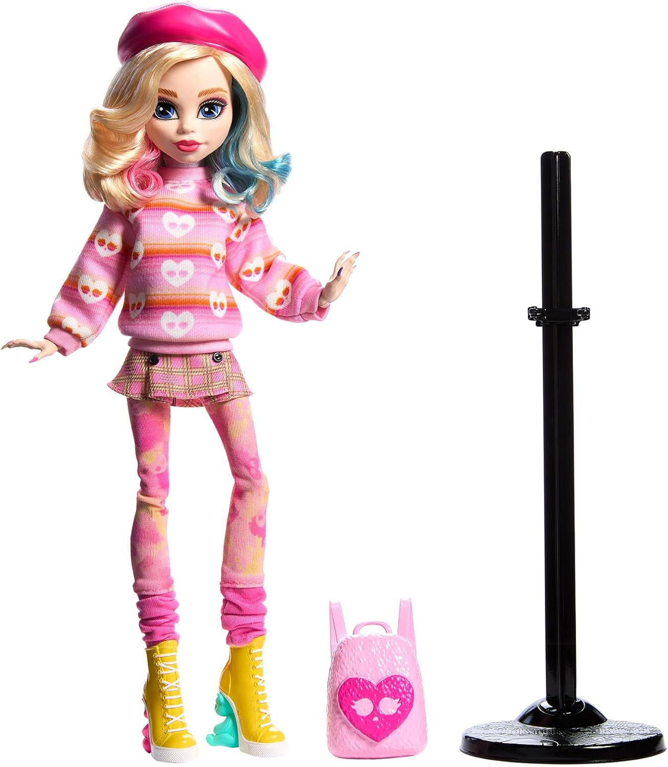 Monster High Wednesday Puppe und Zubehör, Enid Sinclair Sammelfigur in Rosa mit Baskenmütze und Rucksack, Puppenständer, HXJ05 Naty Shop Dolls