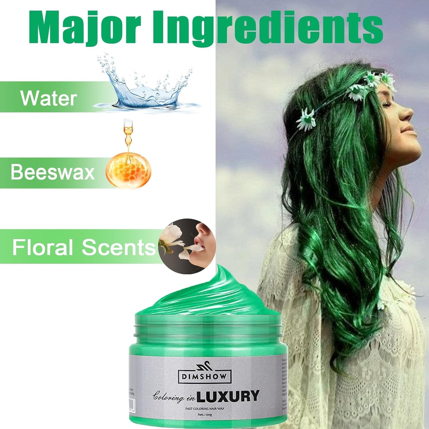 Grünes temporäres Haarwachs, Crazy Green temporäres Haarspray, waschbarer semipermanenter Schlamm, einmalige Haarfarbe, sofortige Styling-Haarpastenschlamm, natürliche Haarfarbe für Partys, Aktivitäten und Halloween Naty Shop Haarfärbemittel