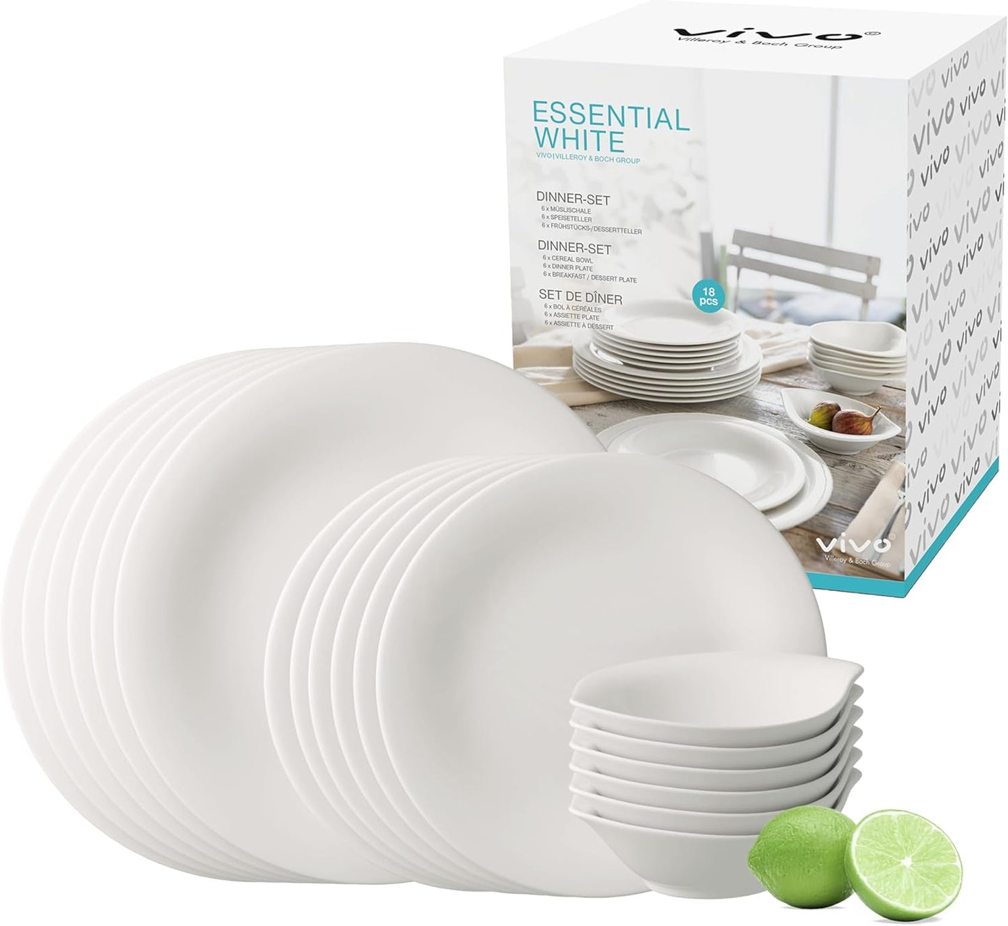 vivo - Villeroy & Boch Group – Essential White Tafelservice 18 tlg. Weiß, Spülmaschinenfest, Mikrowellensicher, Geschirr Set für 6 Personen, Müslischalen, Speiseteller, Dessertteller, Premium Porzellan