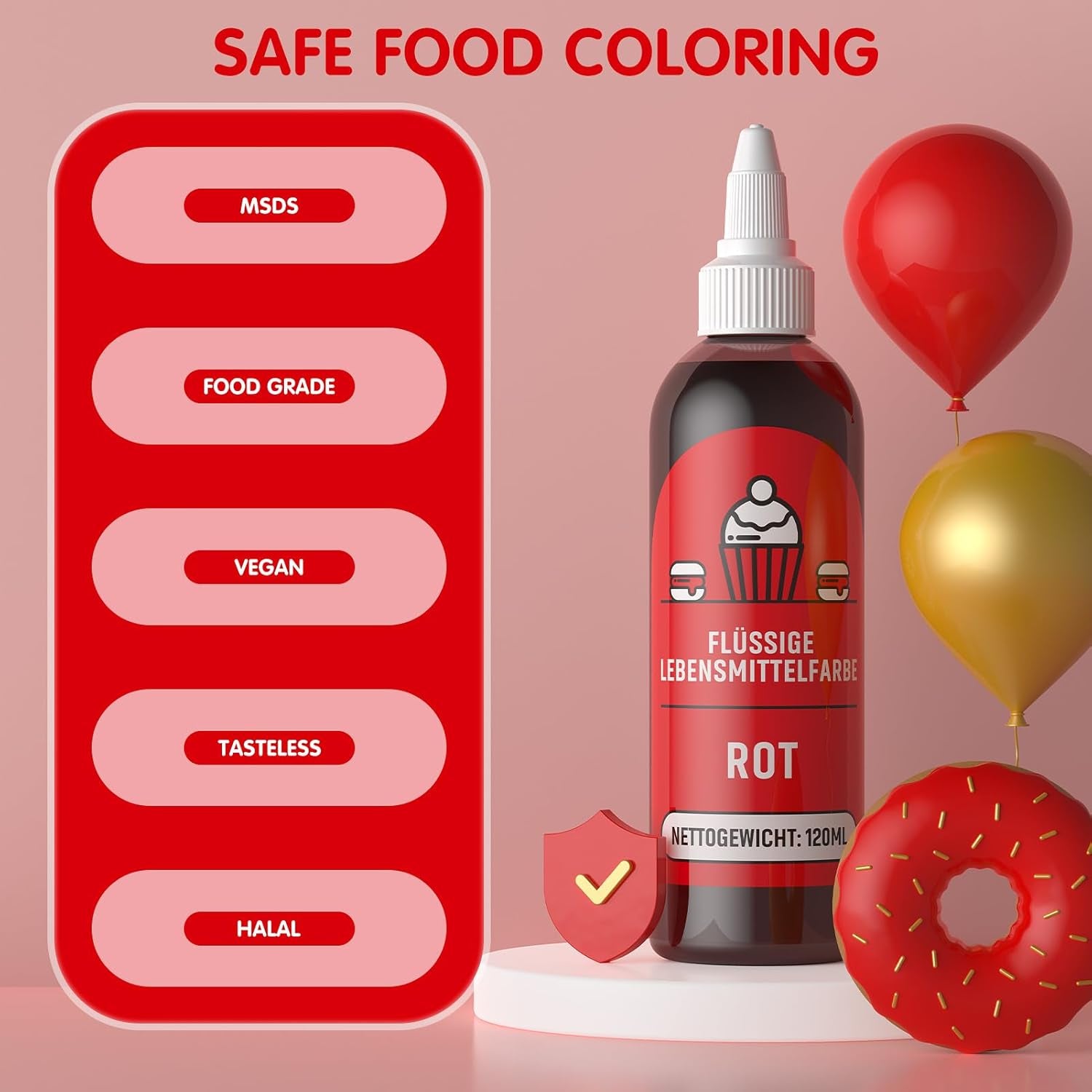 Rote Lebensmittelfarbe 120 ml, hochkonzentrierte und zuckerfreie flüssige Lebensmittelfarbe zum Backen, Kuchen, Makronen, Glasur, Fondant, Kekse, Donuts