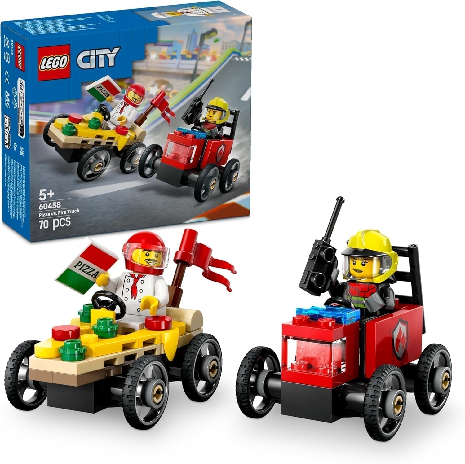LEGO City Pizza Lieferwagen Vs. Pizzawagen – Seifenkistenspielzeug für Mädchen und Jungen ab 5 Jahren – Bauset mit 2 Fahrer-Minifiguren – Geburtstags- und Weihnachtsgeschenk 60458 Bausätze Besuche den LEGO-Store Standardtitel