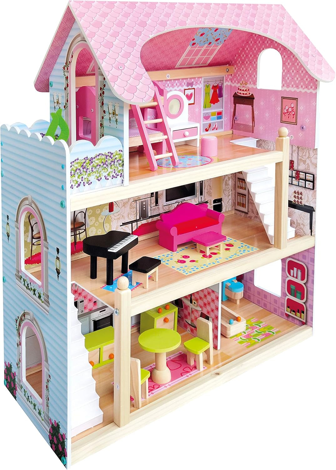 Bino World of Toys Puppenhaus mit Balkon, Spielzeug für Kleinkinder ab 3 Jahren, mit 3 Etagen, Treppen, 4 Zimmern und Balkon inkl. 15-TLG. Zubehör, Zur Förderung der Fähigkeiten von Kindern, Puppenhäuser im rosa Design von Naty Shop