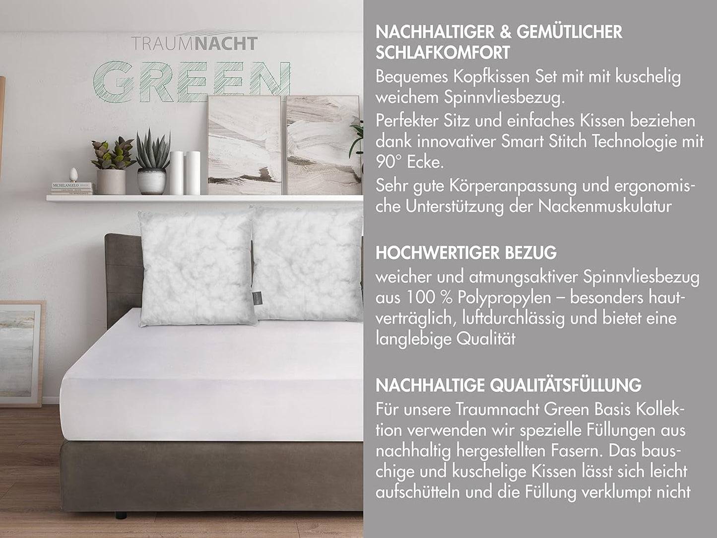 Traumnacht Green Basic Kissenset bestehend aus zwei Kissen 80 x 80 cm, Öko-Tex zertifiziert, produziert nach dem deutschen Qualitätsstandard Naty Shop Standardkissen
