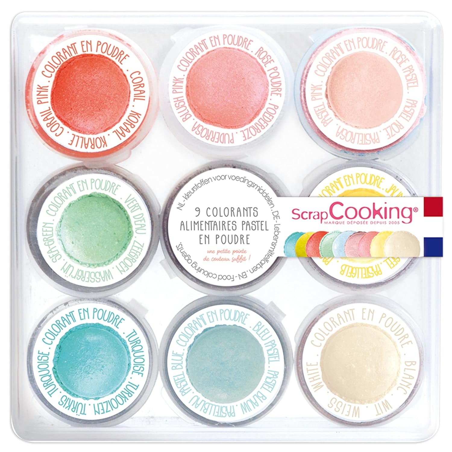 Scrapcooking – Set mit 9 pastellfarbenen Lebensmittelfarben – Blau, Gelb, Koralle, Rosa, Türkis, Limettengrün, Weiß, Aquagrün, Puderrosa – Essbares Farbpulver für Kuchen, Muffins, Macarons – 4272