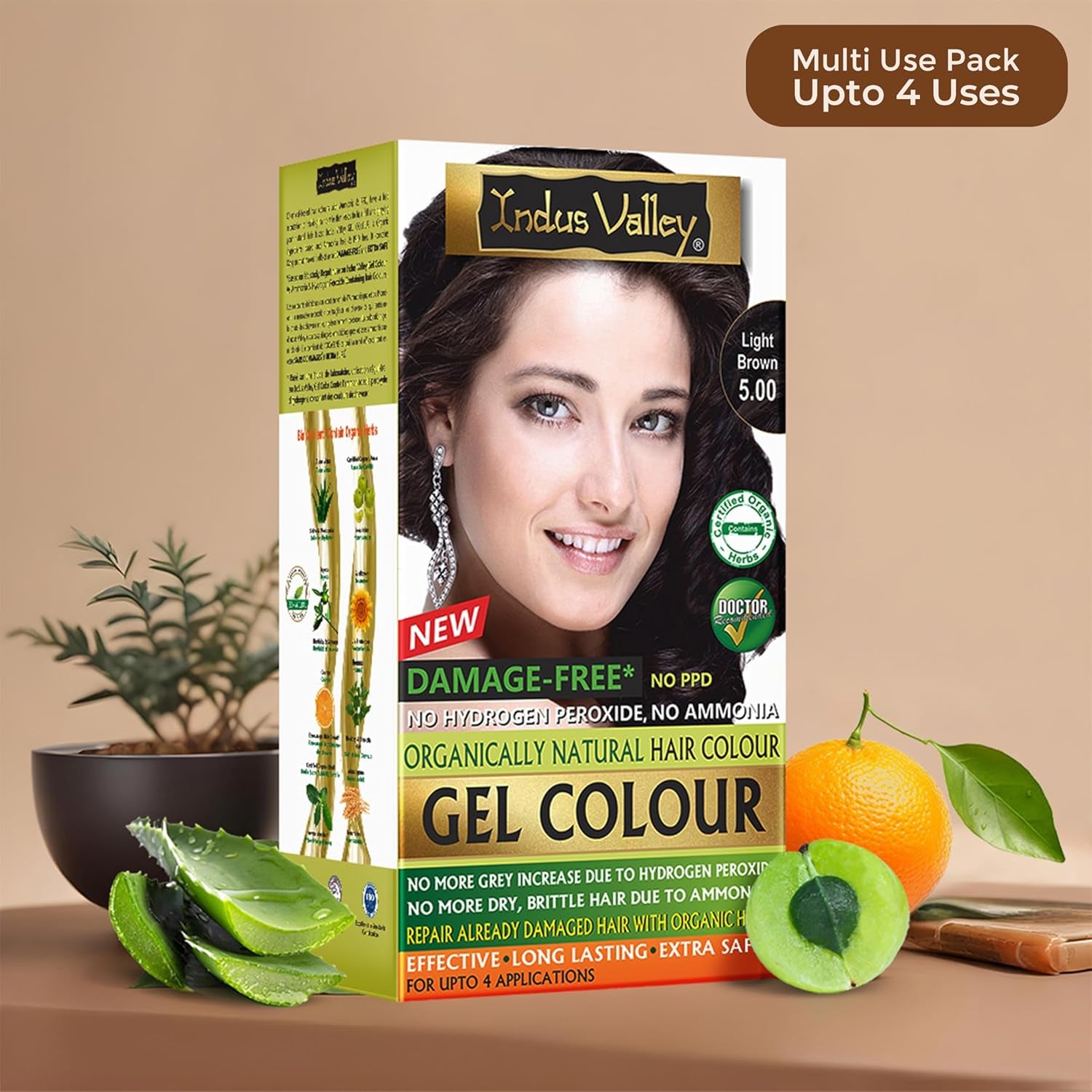 Indus Valley Natural Damage Free Gel-Haarfarbe | Ammoniakfrei, vegan und tierversuchsfrei | Bis zu 100 % Grauabdeckung, langanhaltende Ergebnisse | Helles Kastanienbraun 5,0 (20 Gramm + 200 ml) Naty Shop Haarfärbemittel