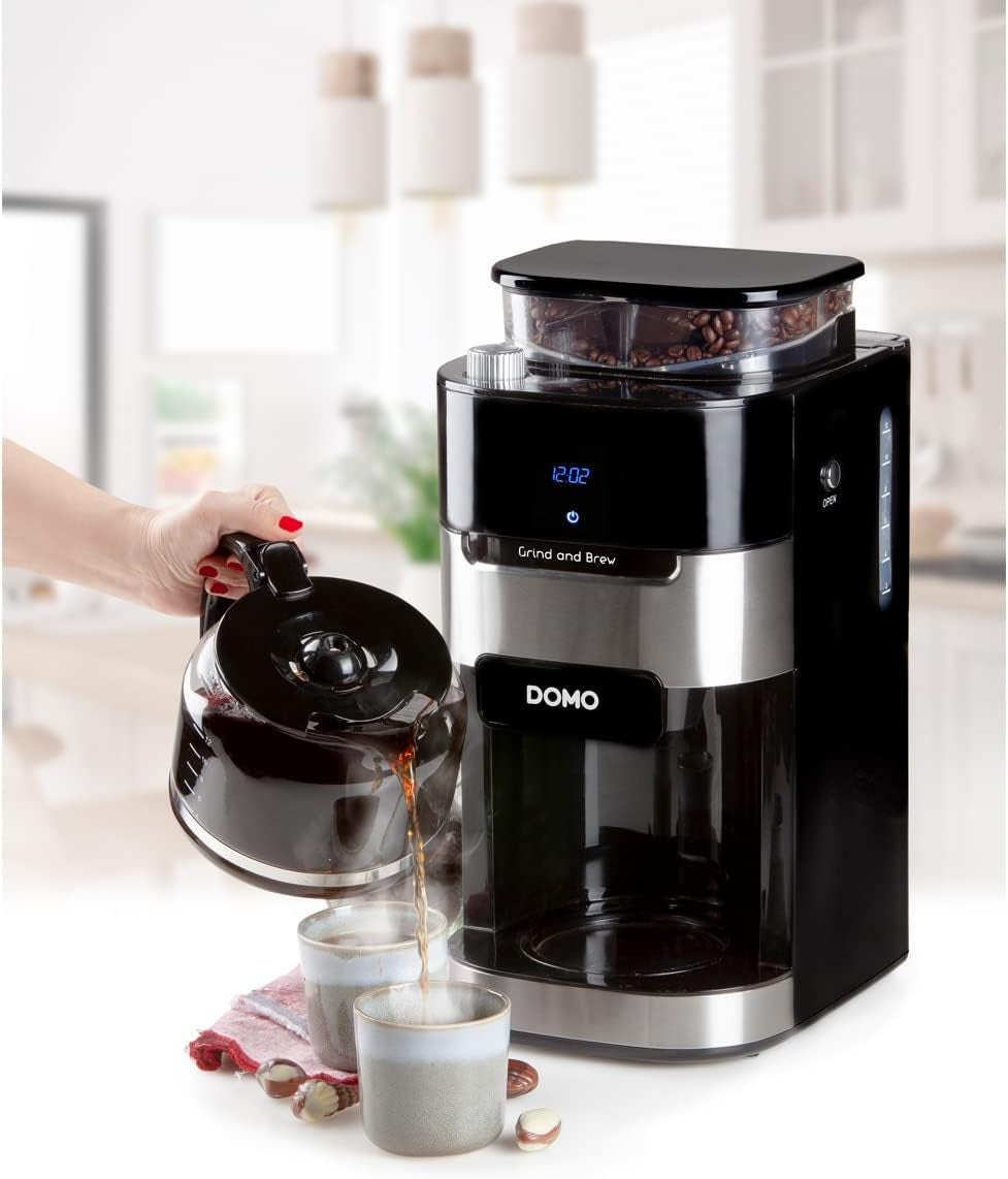 DOMO DO721K Espressomaschine „Grind and Brew“ – Bean-to-Cup-Funktion – LCD-Display – Für gemahlenen Kaffee oder ganze Bohnen – 1,5 l