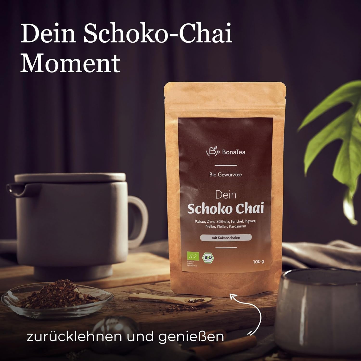 BIO Schoko Chai Gewürztee ohne Zucker, mit Kakaofrüchten, Zimt, Lakritze und anderen aromatischen Chai-Gewürzen, 100 g
