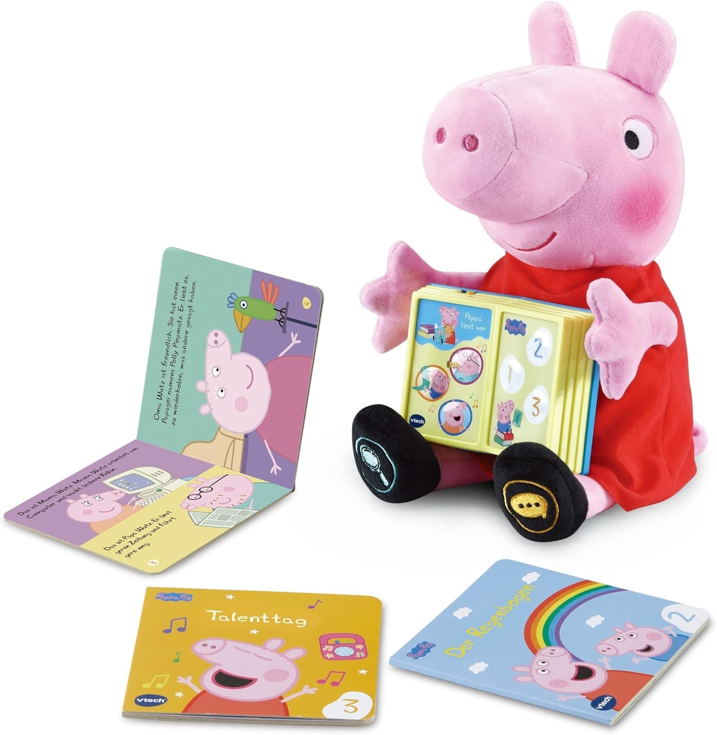 Vtech Peppa Read Aloud – Interaktiver Plüsch-Peppa Wutz, der Bücher laut vorliest – 3 Minibücher enthalten – Mit 20 Liedern und Soundeffekten – Für Kinder im Alter von 2–5 Jahren Bebe Naty Shop Toys Standardtitel