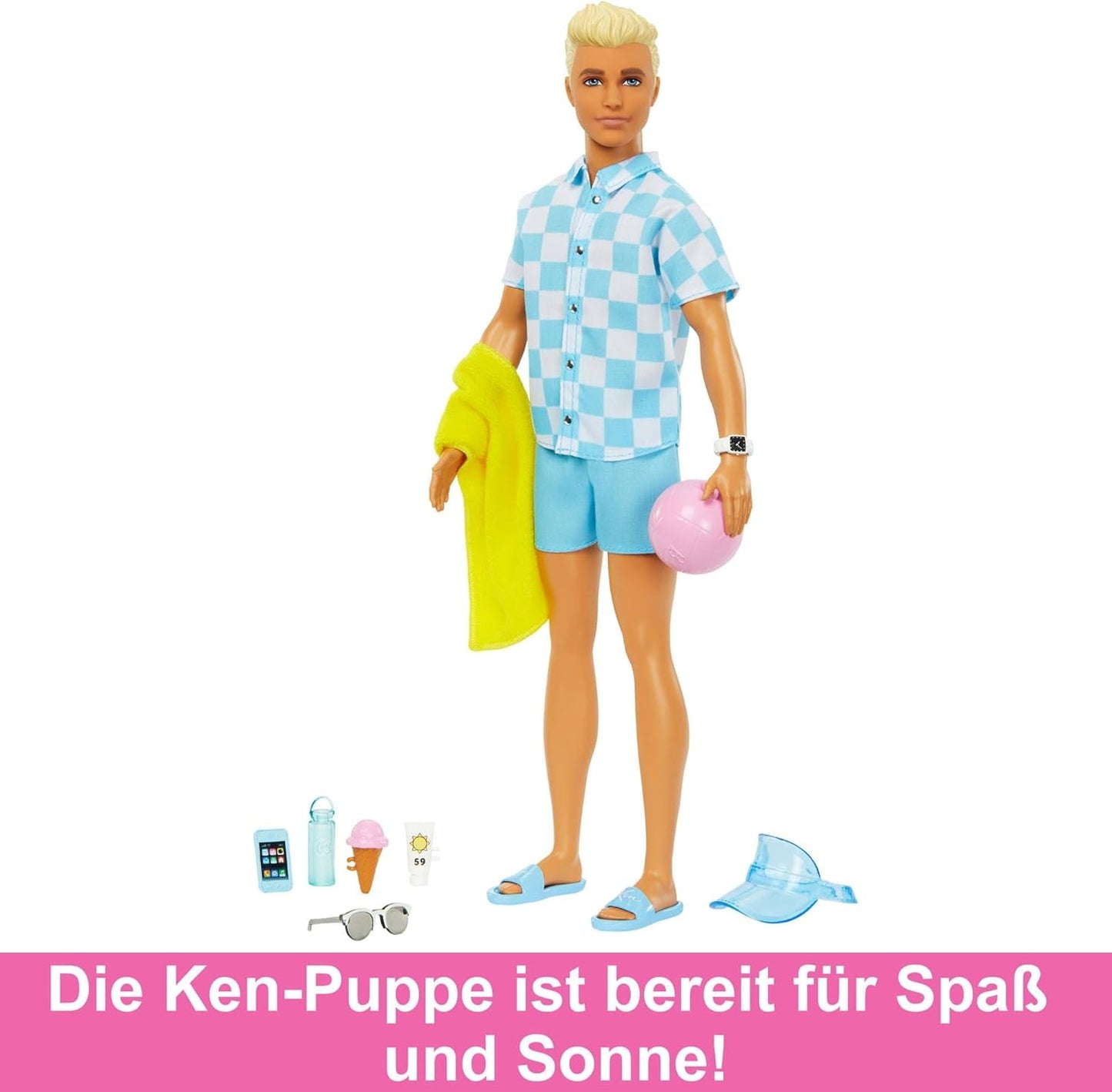 Barbie Ken – Blonde Puppe mit blauem Hemd und Badeschürze, Strandzubehör und Wasserball für kreatives Spielen, ab 3 Jahren, HPL74
