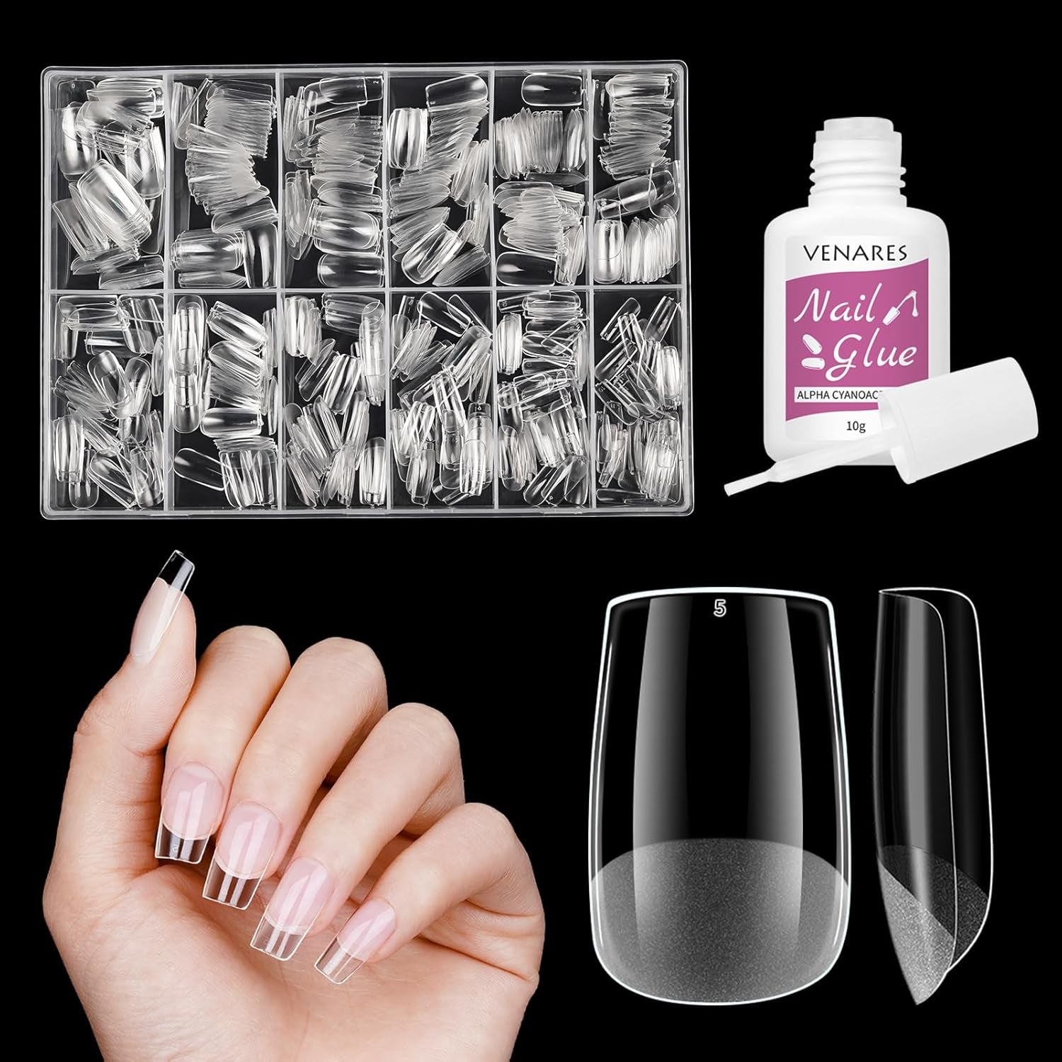 Kurze künstliche Nägel, Ballerina, 500 Stück, zum Aufkleben, 12 Größen, künstliche Nägel, kurze, weiche Gel-Nagelspitzen mit vollständiger Abdeckung für Gelnägel, kurz S