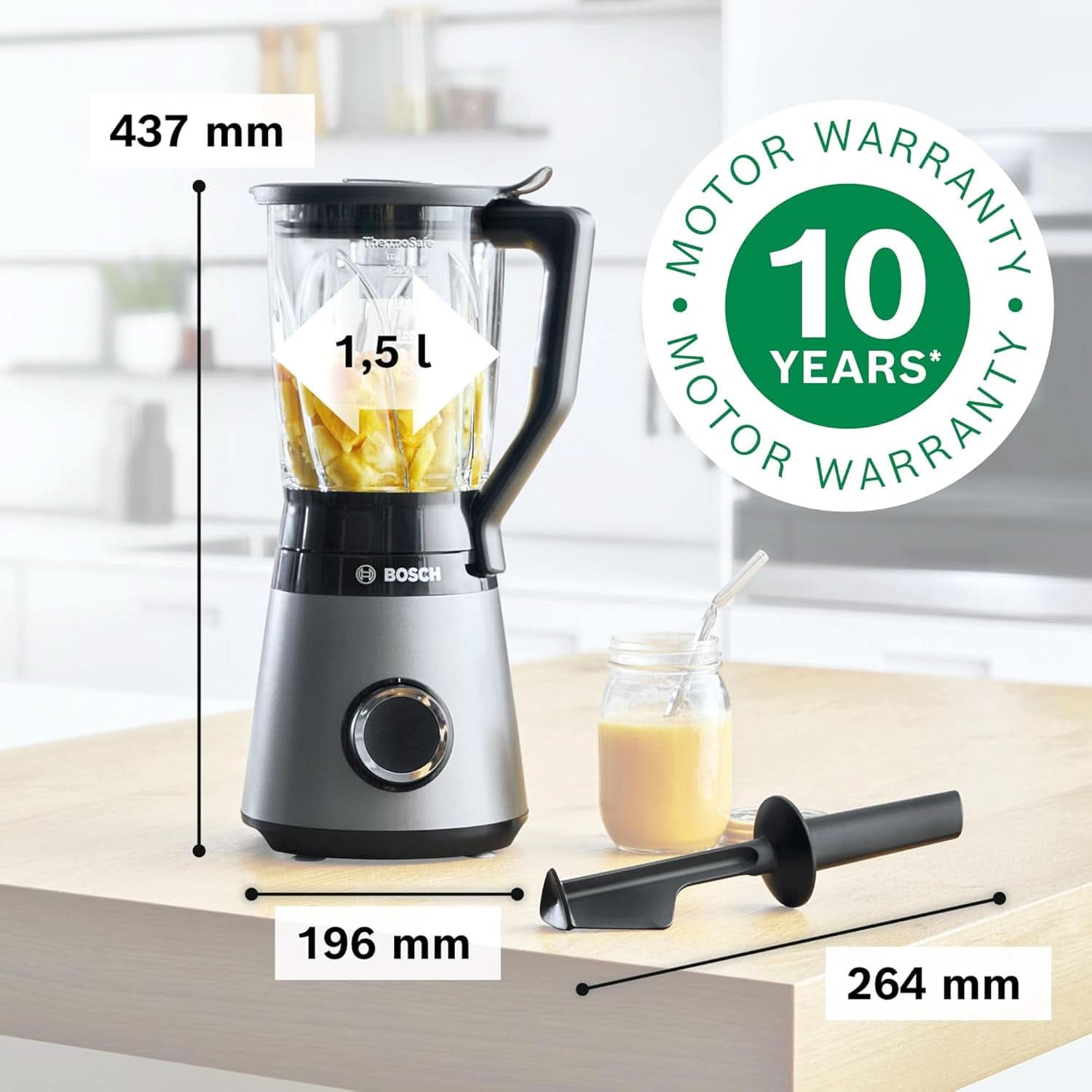 Bosch Standmixer Vitapower Serie 4 MMB6172SN, Verbesserte Version, 10 Jahre Motorgarantie, Edelstahl-Klingen, 1.5L Glasbehälter, Spülmaschinenfeste Teile, 30.000 U/Min, 1200 W, Silver Kitchen Naty Shop