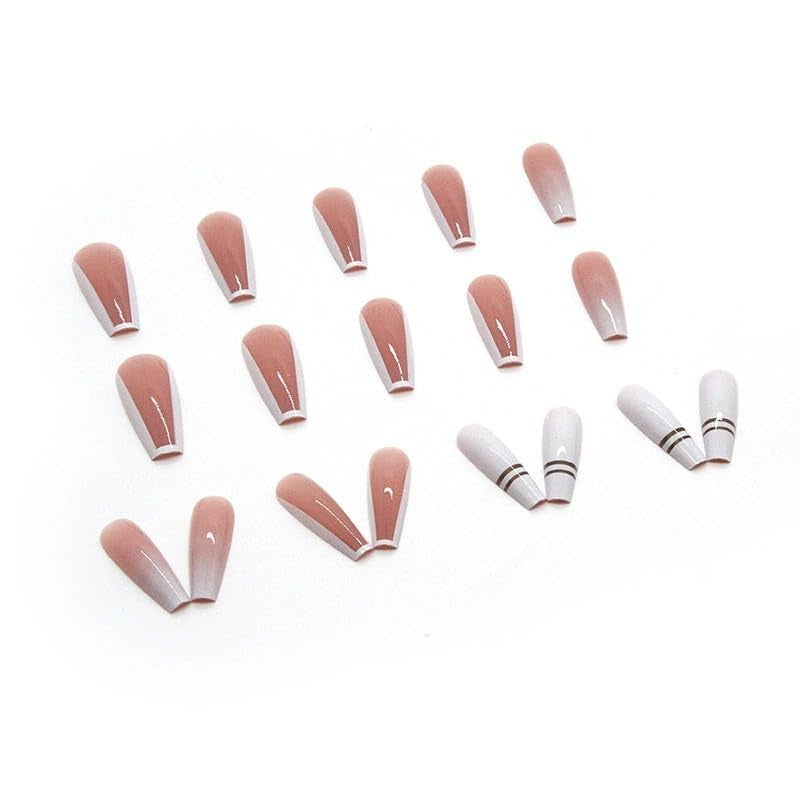 24 Stück French Press On Long Nails Sargweiß Künstliche Nägel Ombre Pink Nude Klebenägel Acrylnagelset Nagelspitzen für Frauen Frühling Sommer Nagelzubehör