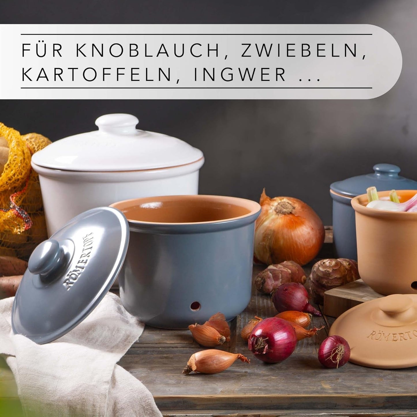 Römertopf Knoblauchtopf Frischetopf aus Naturton für eine lange Haltbarkeit von Lebensmitteln wie Knoblauch Ø 12,5 cm weiß Frischhaltedosen Naty Shop