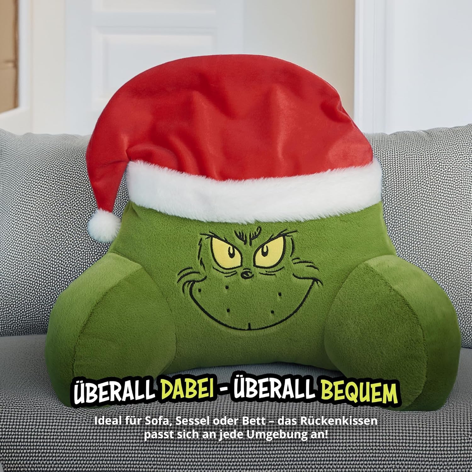 Grinch Pillow – Rückenkissen für Bett und Sofa, Rückenstütze mit Armlehnen, Lesekissen für Rücken, Nacken und Kopf, grün, 40 x 38 cm