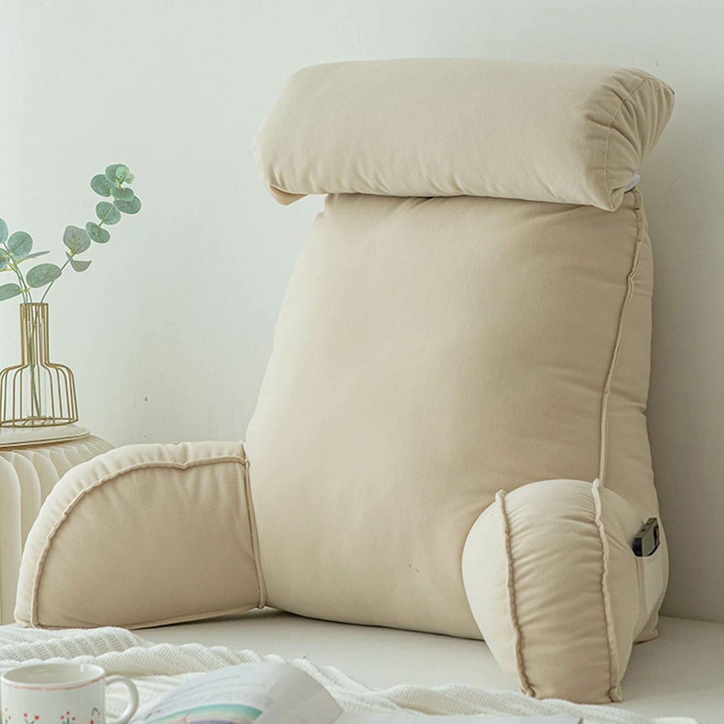 Lesekissen mit Armlehnen, Sofa-Rückenkissen, Bücherkissen fürs Bett, mit abnehmbarer Nackenrolle, Stuhlstützkissen zum Entspannen, Spielen, Lesen, Fernsehen, Champagnerfarbe