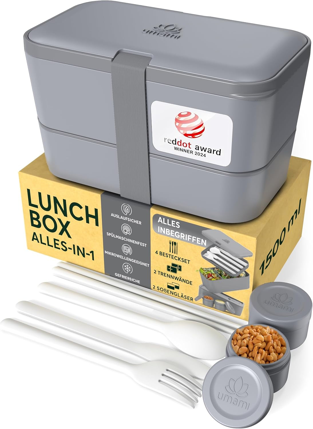 Umami Lunchbox für Erwachsene, verschließbare Bento-Box mit 4 Besteckteilen und Fächern, Lunchbox für Erwachsene, To-go-Salatbehälter, Picknick-/Büro-Lunchbox, Anthrazitgrau, 1500 ml. Naty Shop Lebensmittelaufbewahrungsboxen Anthrazit L – 1500 ml, ineinander stapelbar