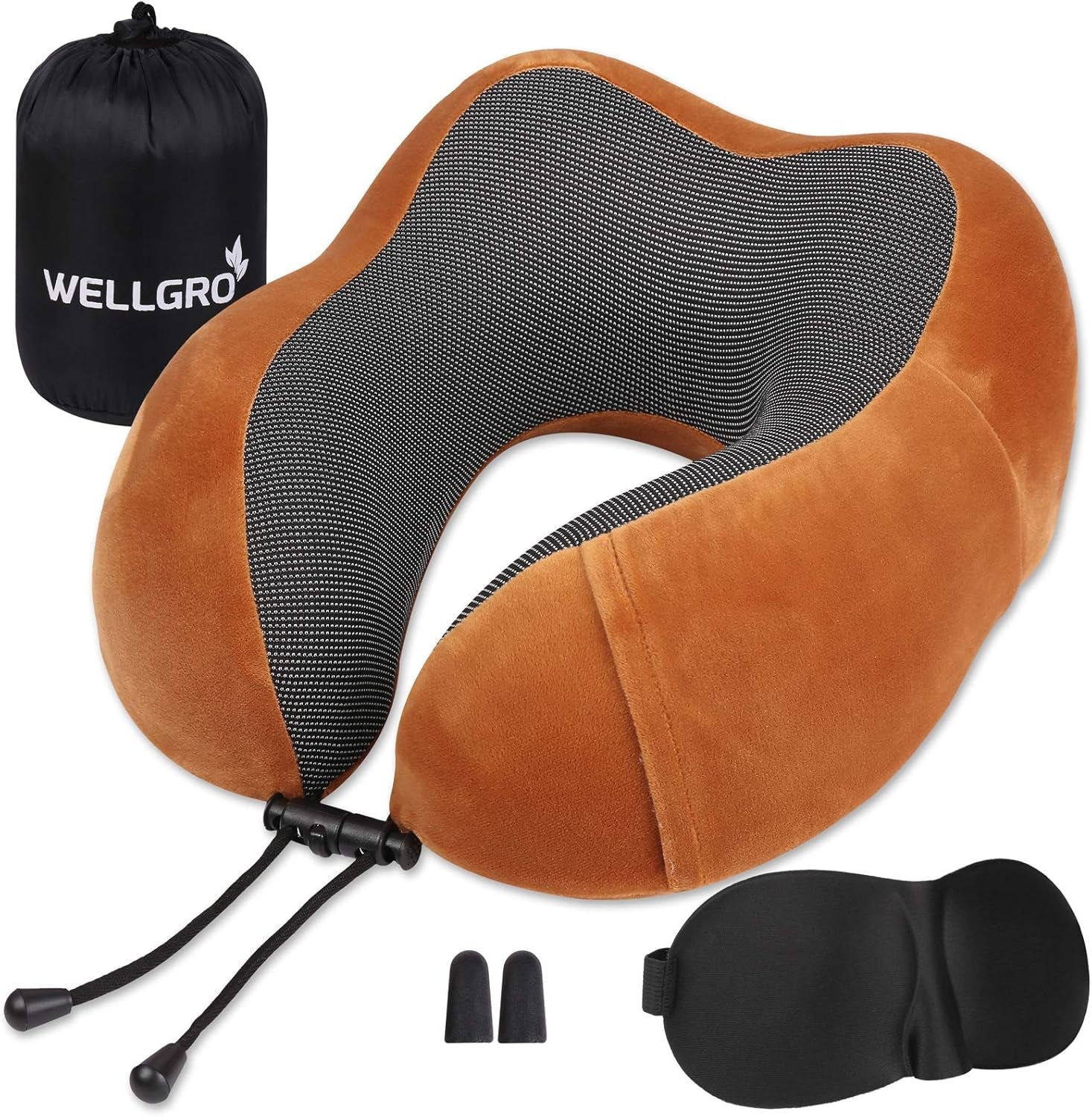 WELLGRO Nackenkissen-Set mit 3D-Schlafmaske und Ohrstöpseln – abnehmbarer Bezug – Memory-Schaum – Reißverschluss – inklusive Aufbewahrungstasche – Reisekissen – Farbe wählbar, Farbe: Grau Naty Shop Zervikale orthopädische Kissen braun