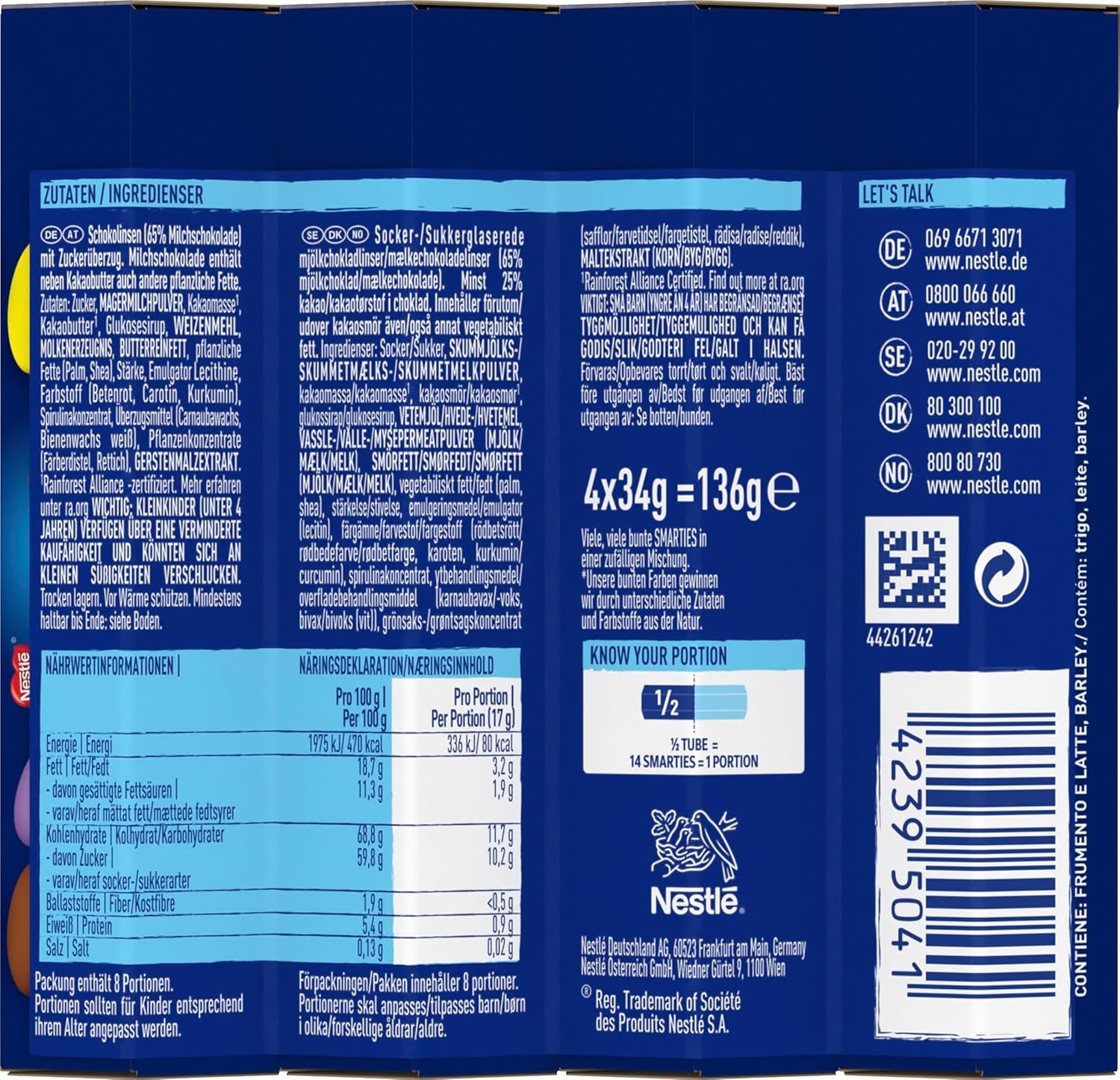 Nestlé SMARTIES Multipack, kleine Rolle, schokoladenfarbene Linsen, ideal für Kindergeburtstage, natürliche Farben, sechseckige Rolle, 12er Pack (12x (4 x 34g))