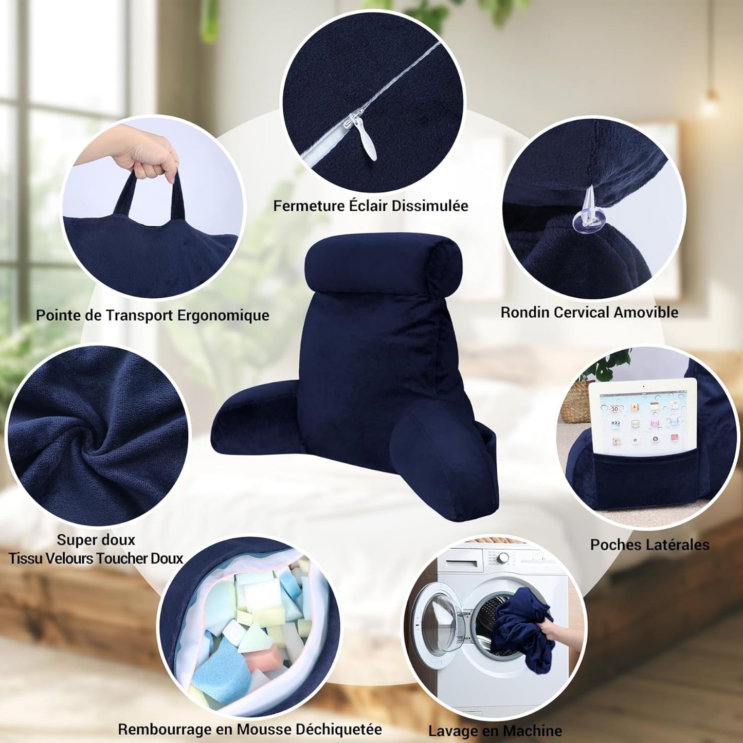 Ergonomisches Lesekissen INFANZIA mit Armlehnen, Rückenstütze, Marineblau