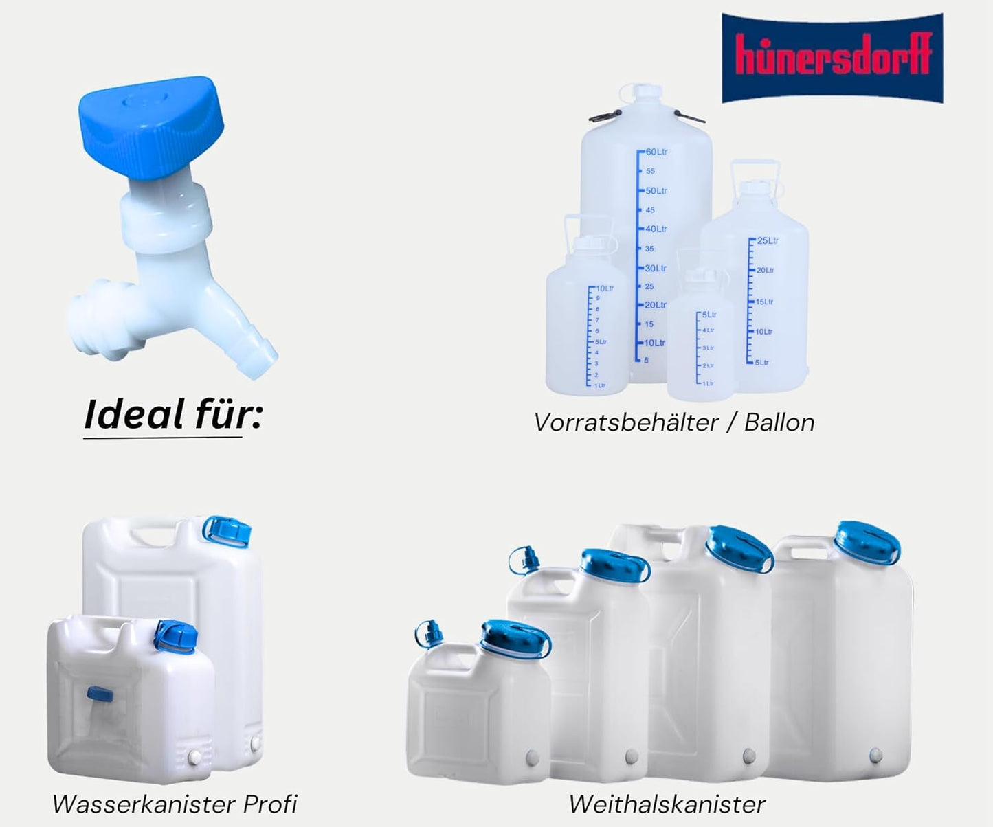 Hünersdorff | Eckventil | Coltara | Für Kanister mit einer Gewindebreite von 22 mm | Schlauchanschluss 13 mm oder 1/2" | Natur/blau
