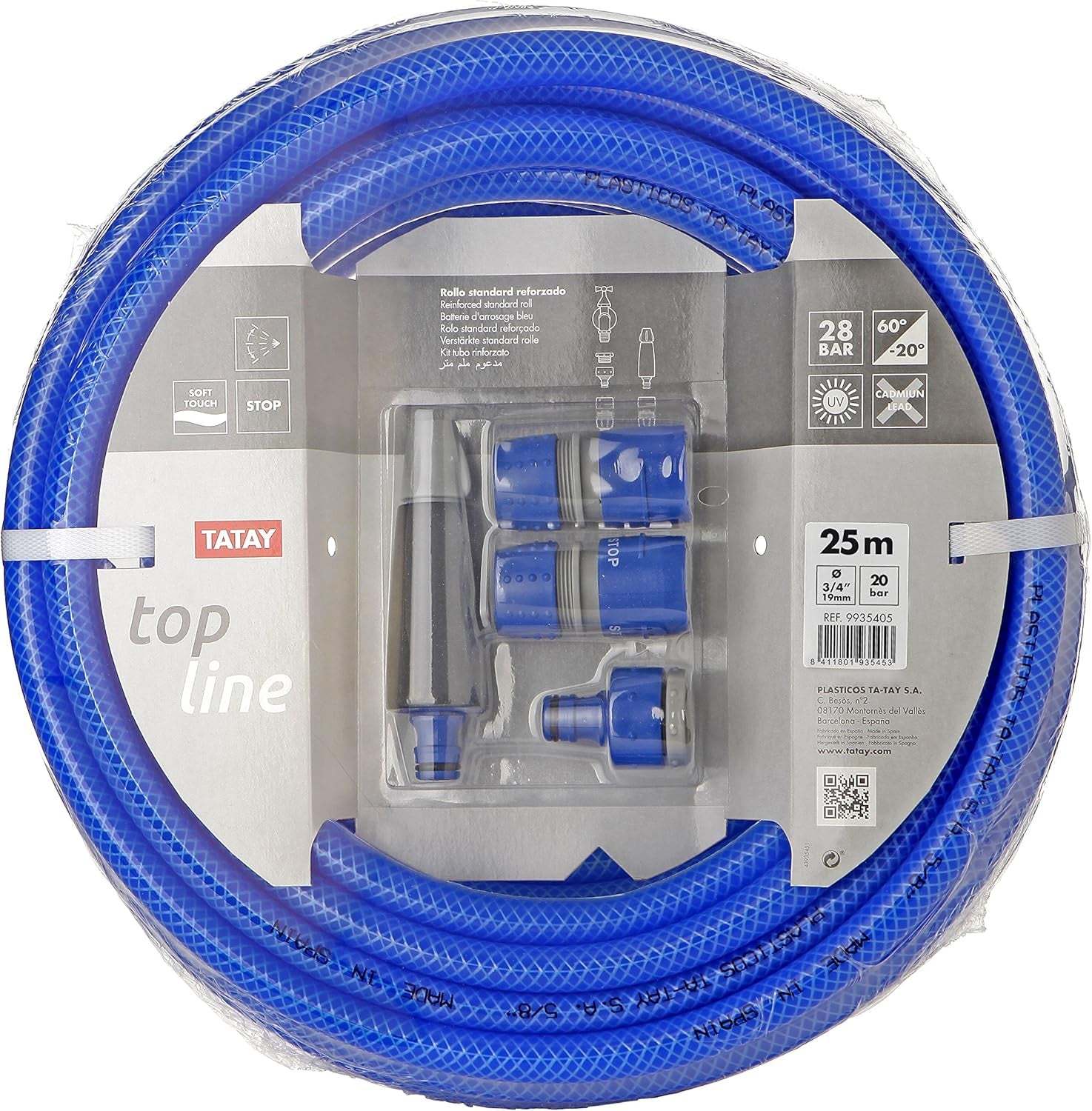TATAY Blue Line Gartenschlauchset 25 Meter Ø3/4" 19mm, 3 Lagen, hergestellt in Spanien, Widerstand 20 bar und +60°/-20°, geflochten, cadmium- und bleifrei, BPA-frei, Anti-UV. Blaue Farbe.