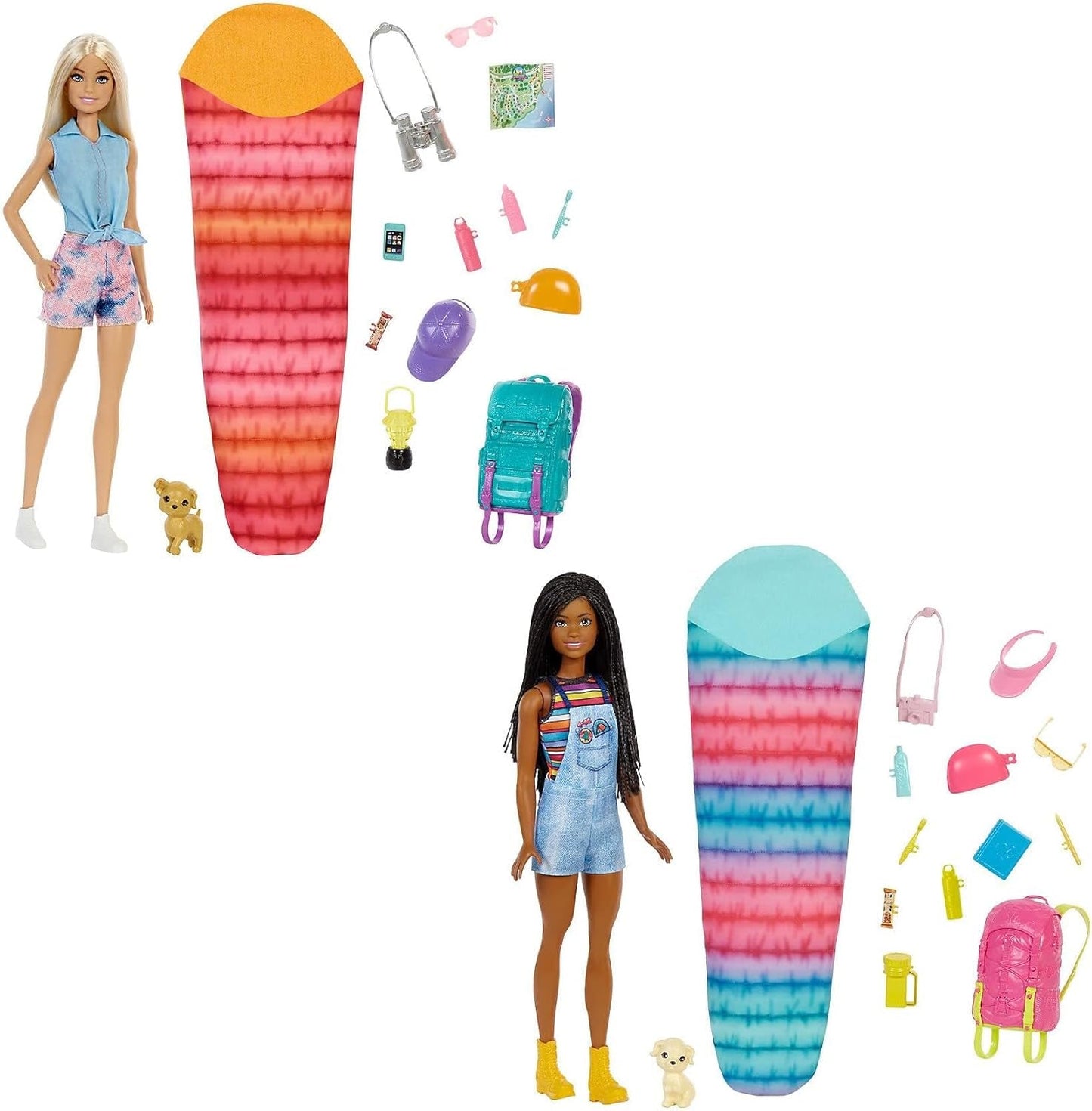 Barbie HDF74 Doppelpack-Puppe! Brooklyn Camping Doll (brünett mit geflochtenen Zöpfen, ca. 29 cm) mit Welpe, Rucksack, Schlafsack, 10 Campingzubehör, Geschenk für Kinder ab 3 Jahren