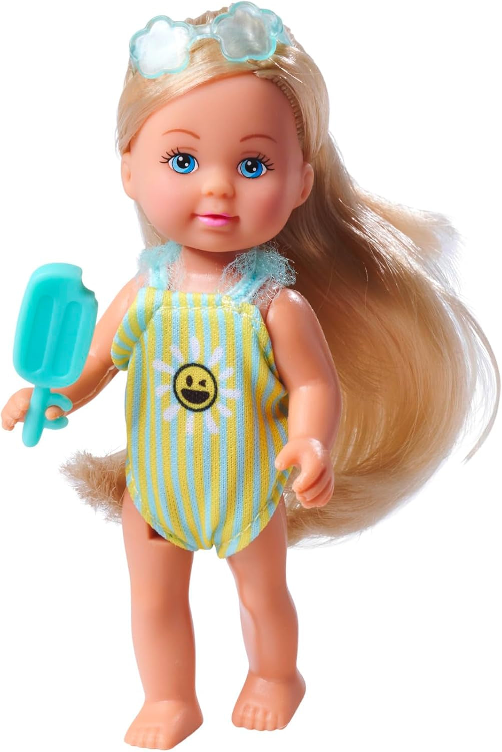 Simba Evi Love Travel, 2 verschiedene Modelle, es wird nur EIN Artikel geliefert, Puppe in einem Rollkoffer, trägt einen Badeanzug mit Rüschen, inklusive Sonnenbrille und Eiscreme, 12 cm, ab 3 Jahren