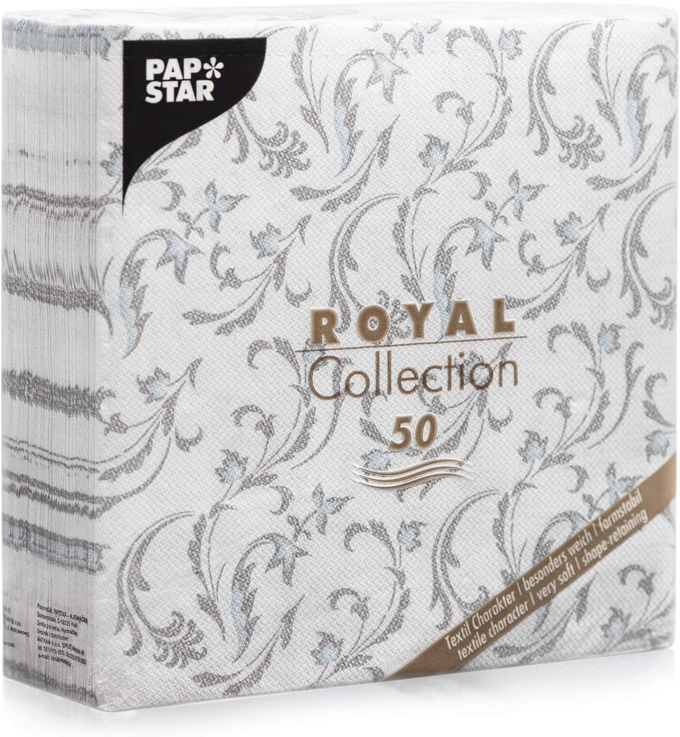 Papstar, 50 Servietten „ROYAL Collection“ 1/4-Falz 40 cm x 40 cm grau „Damascato“, #85005