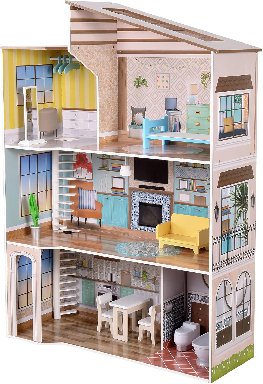 Olivia's Little World Modernes, dreistöckiges interaktives Puppenhaus aus Holz im mediterranen Stil für Kinder mit 17 Puppenmöbelzubehör, mehrfarbig, TD-13551B