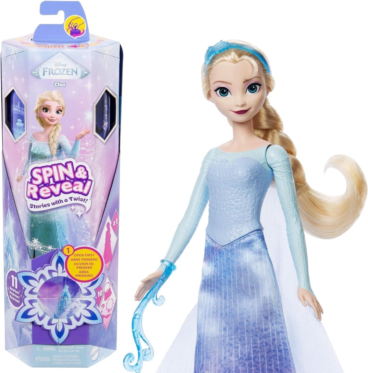 Mattel Disney Die Eiskönigin Elsa Modepuppen-Set, Spin & Reveal mit 11 Überraschungen, darunter 5 Accessoires, 5 Aufkleber und eine Spielszene, inspiriert vom Disney-Film, HTG25 Dolls Naty Shop Elsa Modepuppen-Set