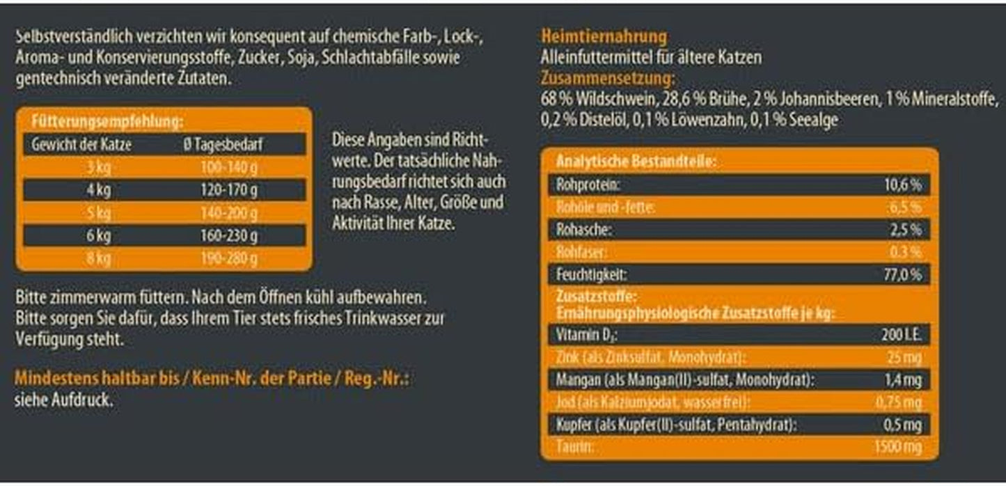 Dehner Wild Nature Katzenfutter Unterholz, Nassfutter getreidefrei / zuckerfrei, für ältere Katzen, Wildschwein, 6 x 400 g Dose, (2,4 kg)