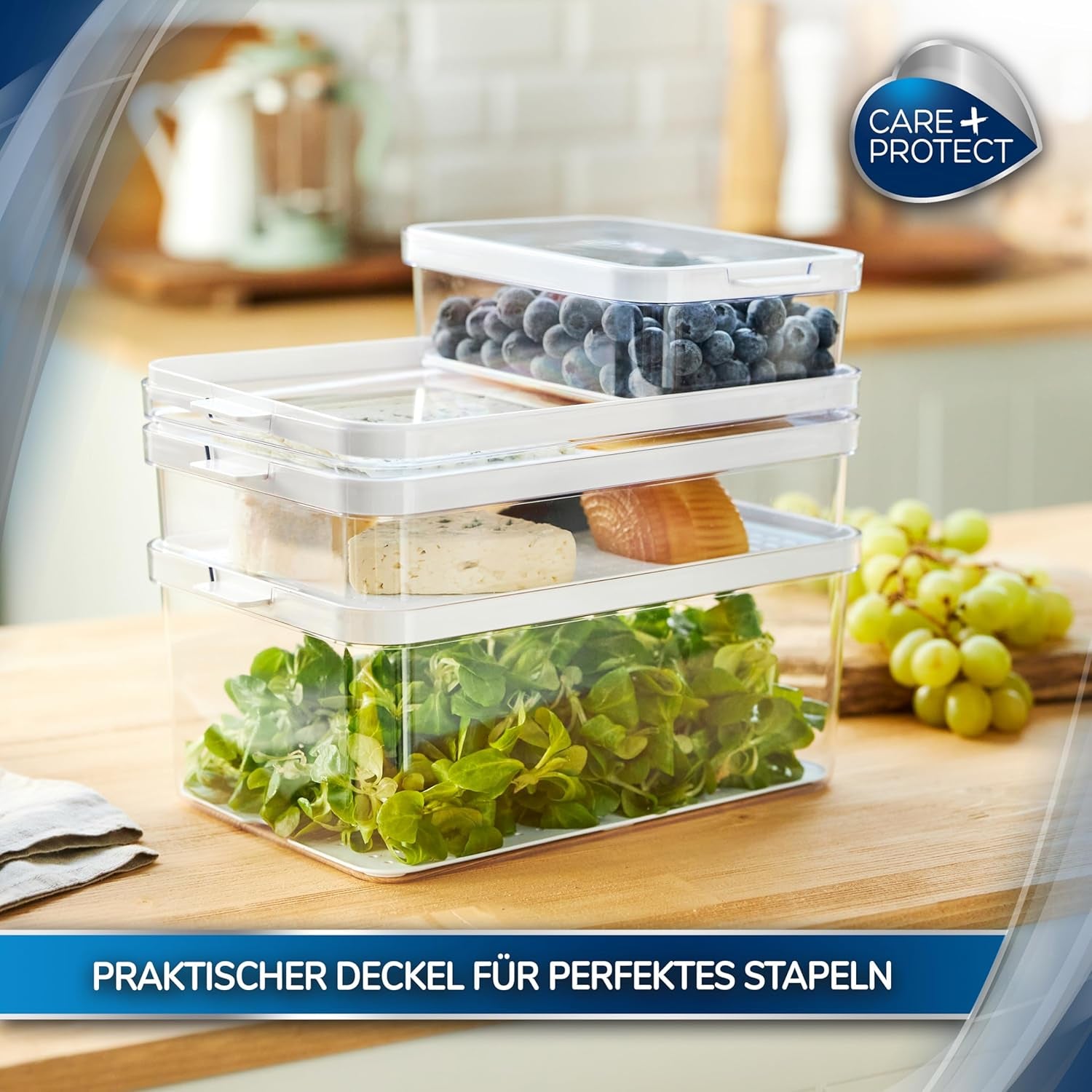 CARE + PROTECT Smarter Lebensmittelbehälter, perfekt stapelbar, Kühlschrank-Organizer, schützt Lebensmittel vor Feuchtigkeit, hält Lebensmittel länger frisch, 2,15 l Frischhalteboxen Naty Shop