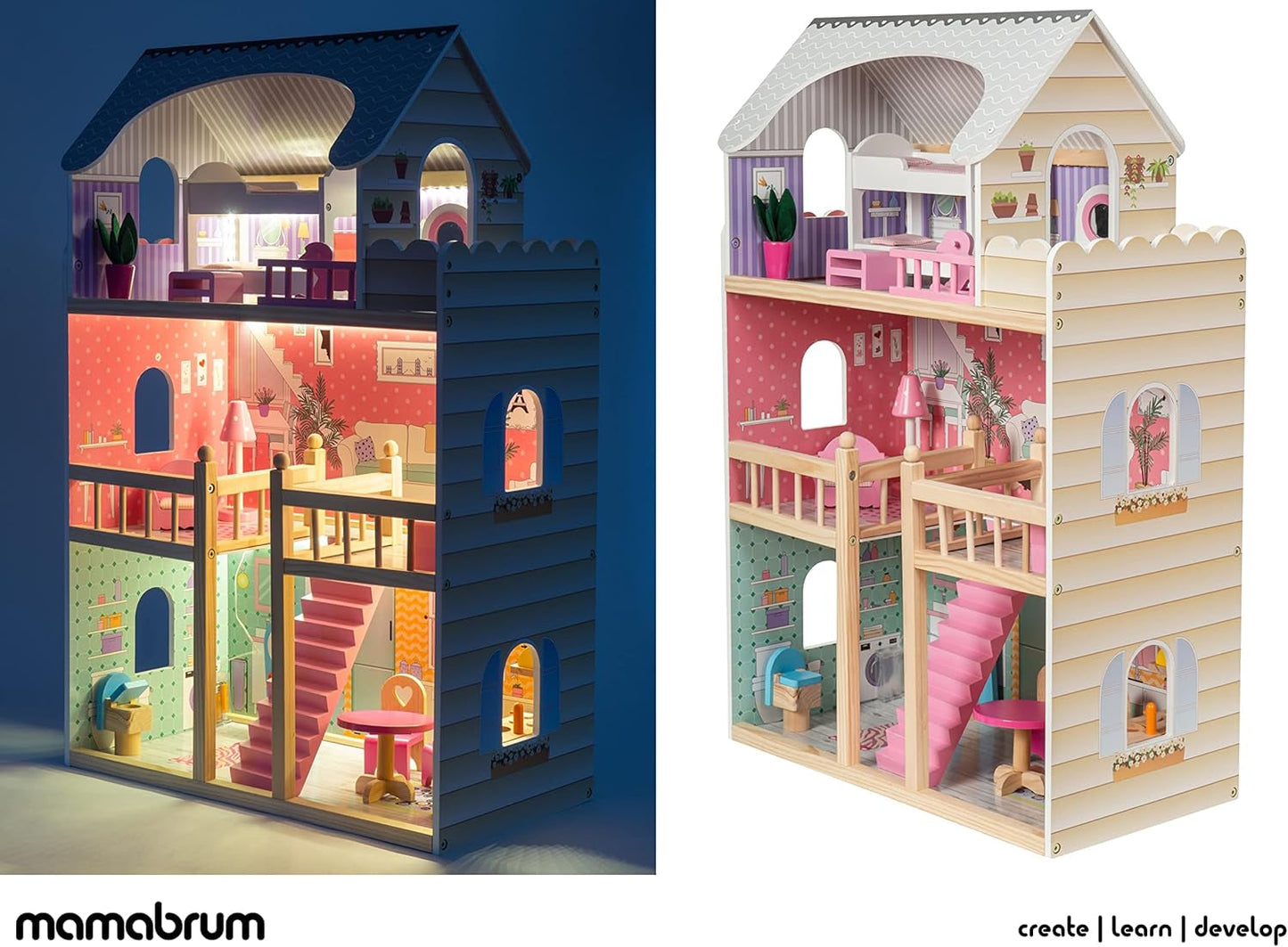 A405 LED-beleuchtetes Puppenhaus – 3 Etagen und Möbelset – Spielhaus aus Holz inklusive Zubehör: Küche, Badezimmer, Schlafzimmer – Geschenk für Mädchen ab 3 Jahren. Puppenhäuser Naty Shop