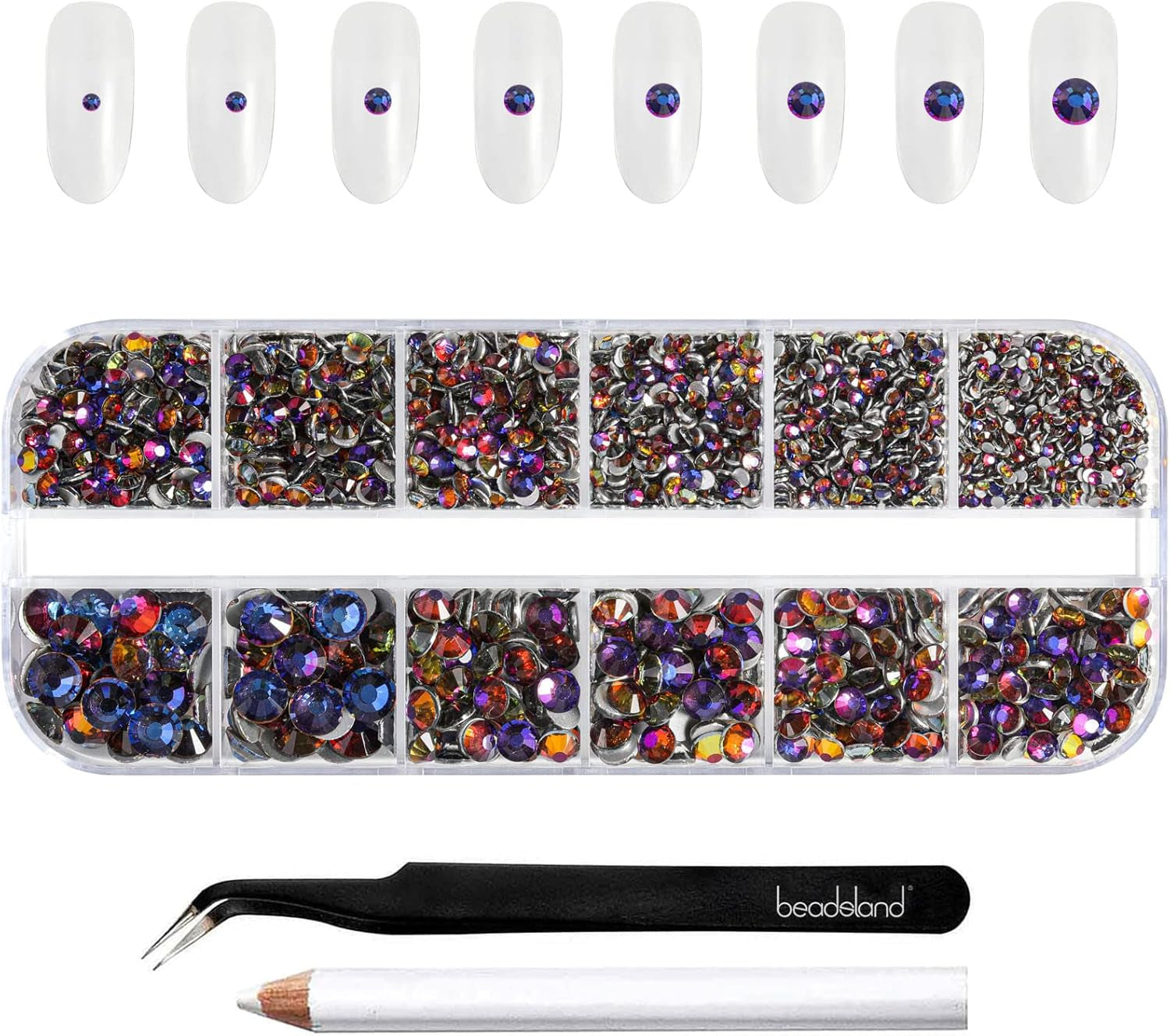 Beadsland 2500 Stück Glas Nailart Strasssteine ​​​​Kristall Flatback Edelsteine ​​​​Runde, ​​Für Handwerk Gemischt 8 Größen SS4 ~ SS30 Mit Picking Pinzette Und Stift (Kristall Weiß)
