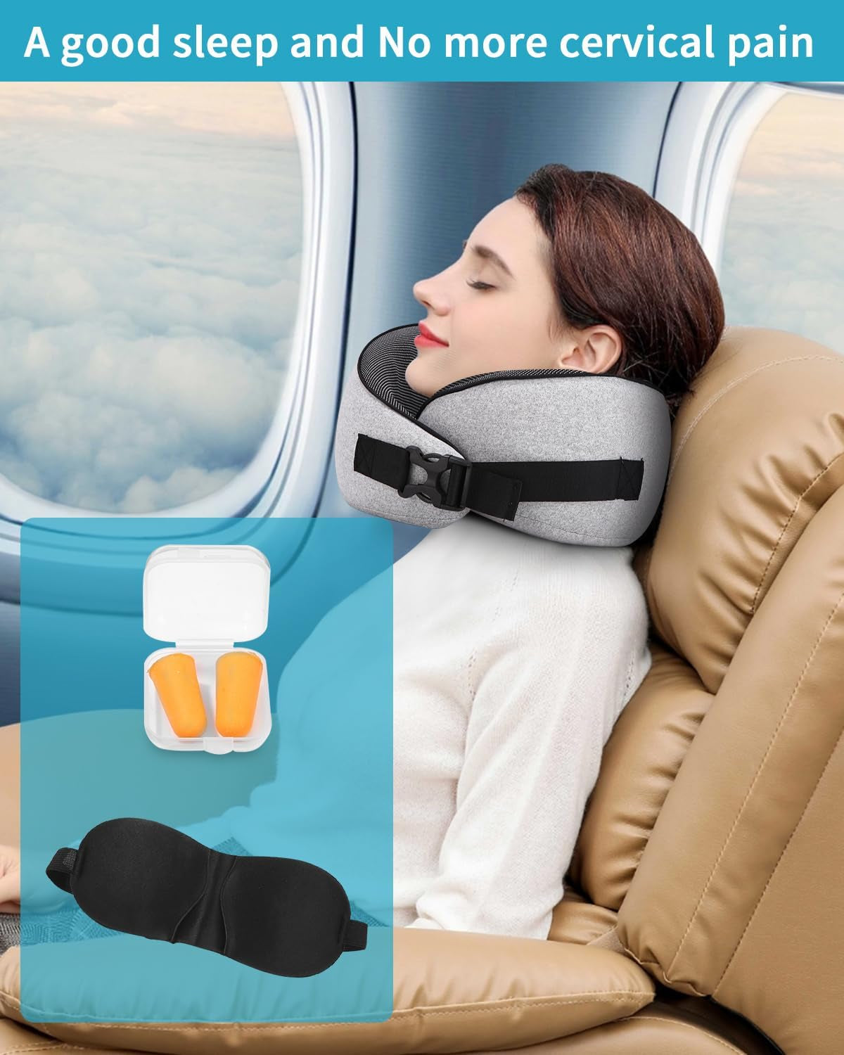 Flugzeug-Nackenkissen, Memory-Schaum-Reisekissen, Nackenkissen für Erwachsene, verstellbares waschbares Flugzeugkissen, ergonomisches Reisekissen (grau). Orthopädische Halskissen von Naty Shop