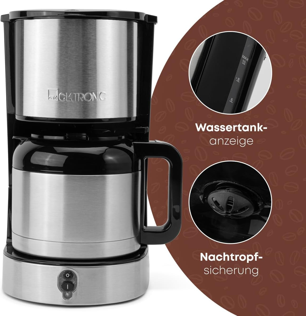 Clatronic® Kaffeemaschine mit Thermokaraffe für 8–10 Tassen Kaffee (ca. 1,2 l) | Filterkaffeemaschine aus Edelstahl | Doppelwandige Thermoskaraffe | Kein Temperaturverlust | Kaffeemaschine 800 W | KA 3805