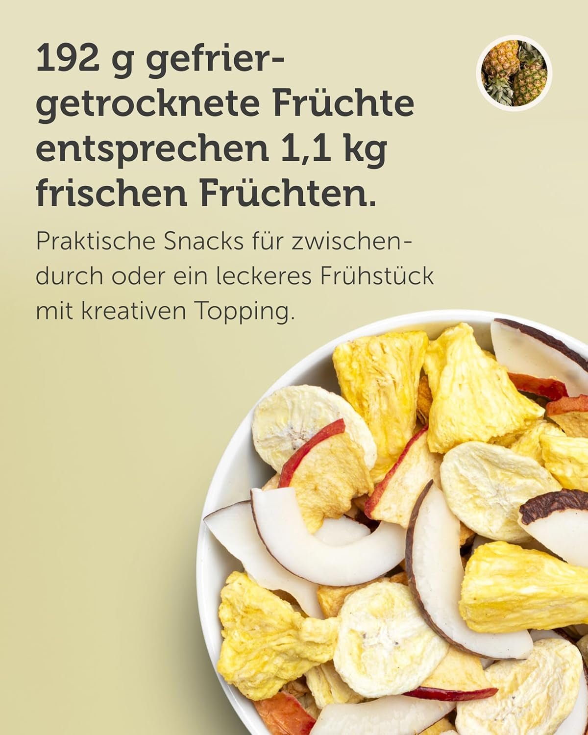 Gefriergetrocknete Fruchtmischung BUAH® | Gefriergetrocknete Ananas, Bananen, Äpfel und Kokosnüsse ohne Zuckerzusatz | 100 % Frucht | Vegane, glutenfreie, laktosefreie (192 g) dehydrierte Produkte von Naty Shop