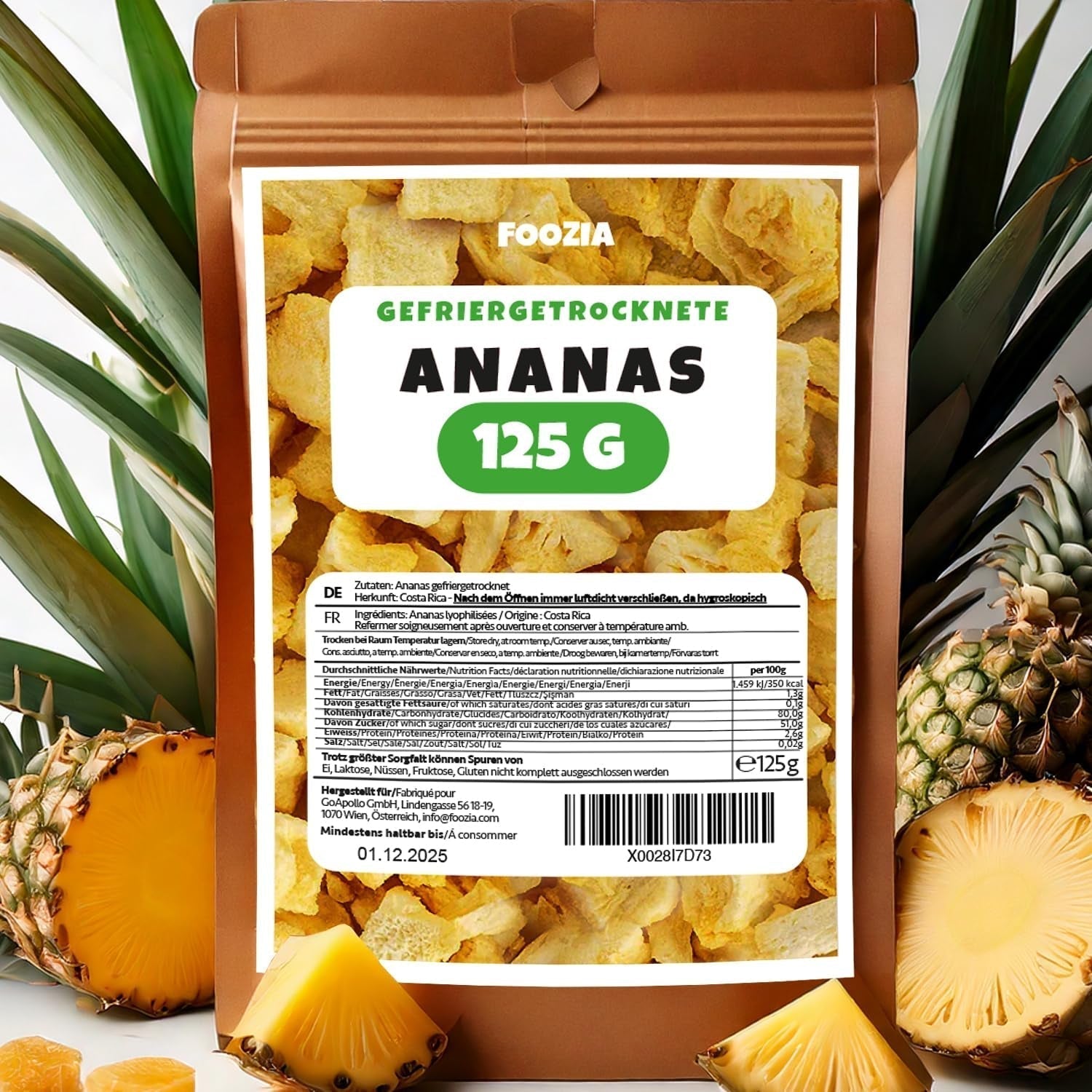 Gefriergetrocknete Ananas 125g große Stücke, Gefriergetrocknete Früchte ohne Zusatzstoffe 100% rein - Natürliche Trockenfrüchte - Getrocknete Ananas, Trockenfrüchte von Foozia Dehydrierte Produkte Naty Shop 125G