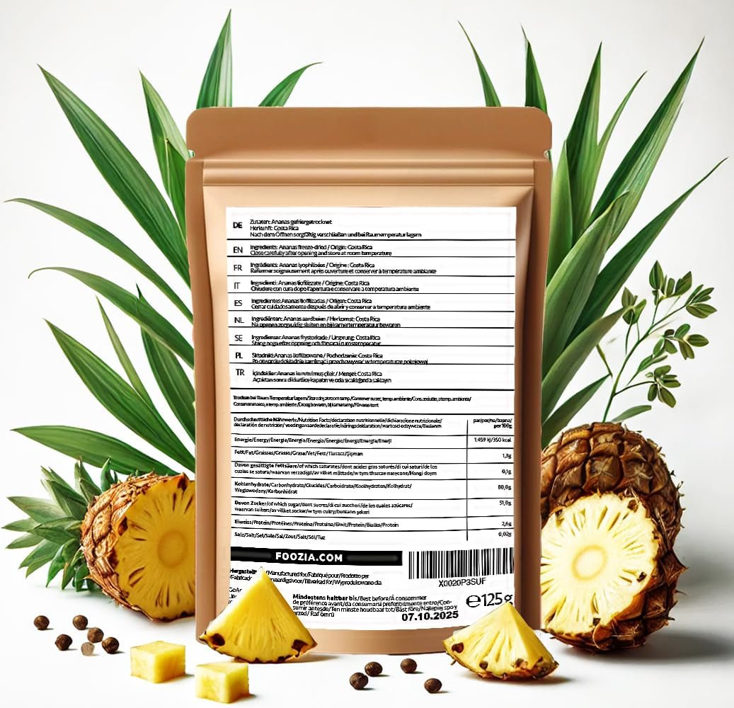 Gefriergetrocknete Ananas 125g große Stücke, Gefriergetrocknete Früchte ohne Zusatzstoffe 100% rein - Natürliche Trockenfrüchte - Getrocknete Ananas, Trockenfrüchte von Foozia Dehydrierte Produkte Naty Shop