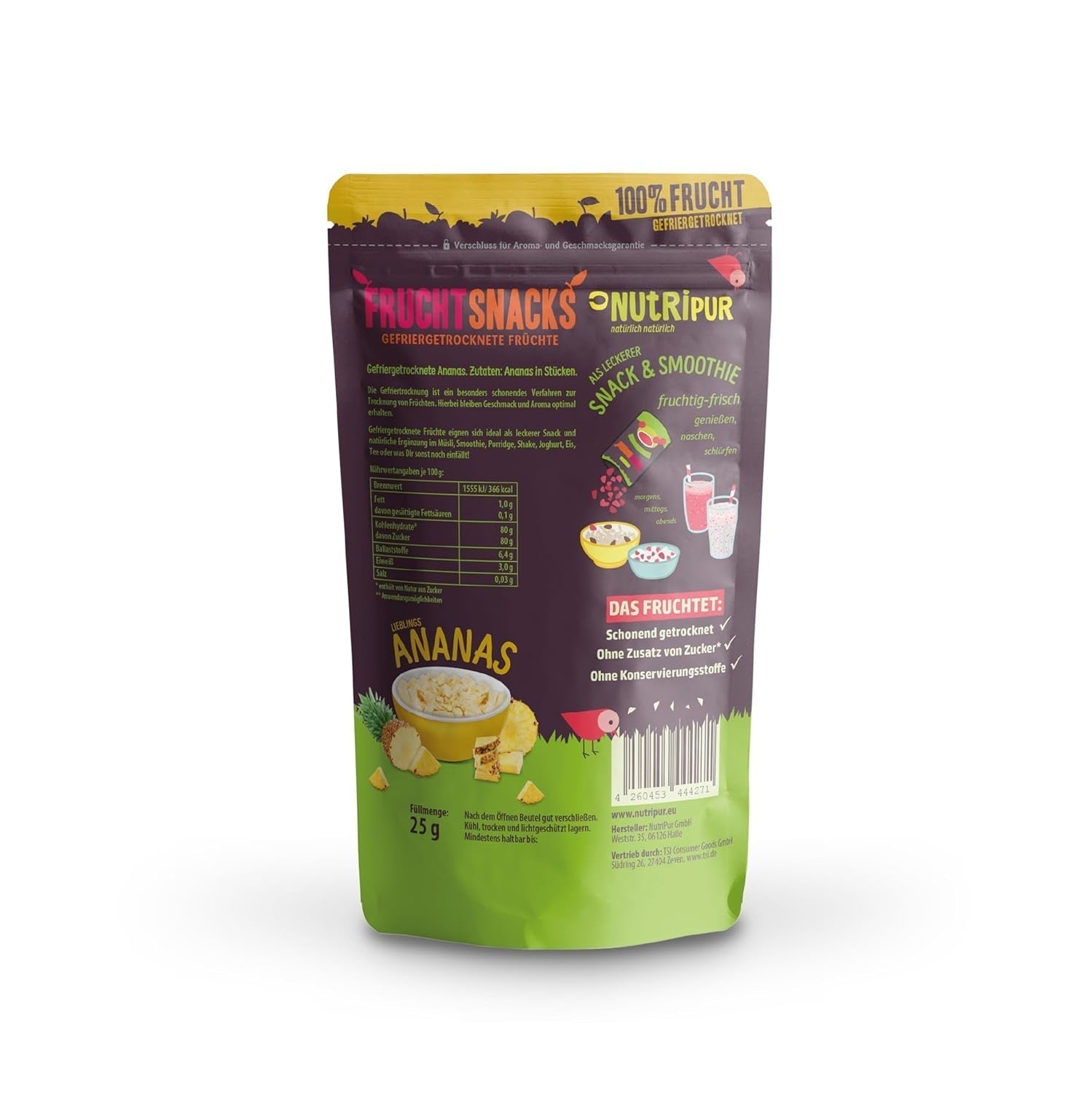 Gefriergetrocknete Ananas BITS 100g große Stücke für Smoothie Bowls, Müsli, Porridge Topping - gefriergetrocknete Früchte ohne Zuckerzusatz - getrocknete Ananas - Früchte von NutriPur Dehydrierte Produkte Naty Shop