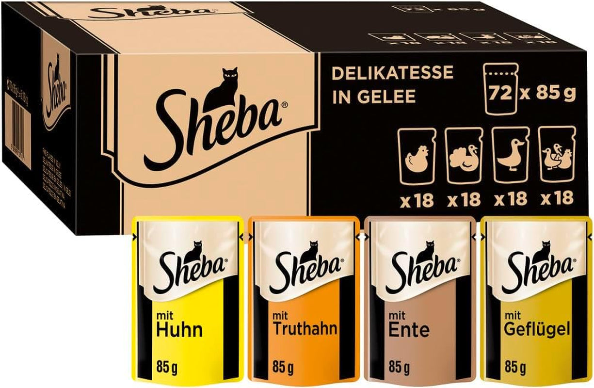 SHEBA Nassfutter für Katzen – 72 Beutel x 85 g – Geflügelsorte in Gelee – Nassfutter für Katzen – 1 große Packung
