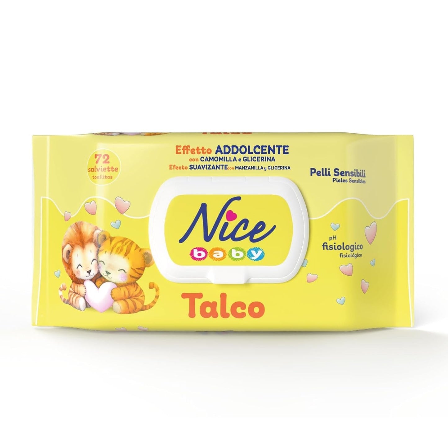 NICE Baby-Feuchttücher, 72 Stück, mit Deckel, Talkum-Duft, natürliche Materialien, sanfte Reinigung für Babys, 1 Stück