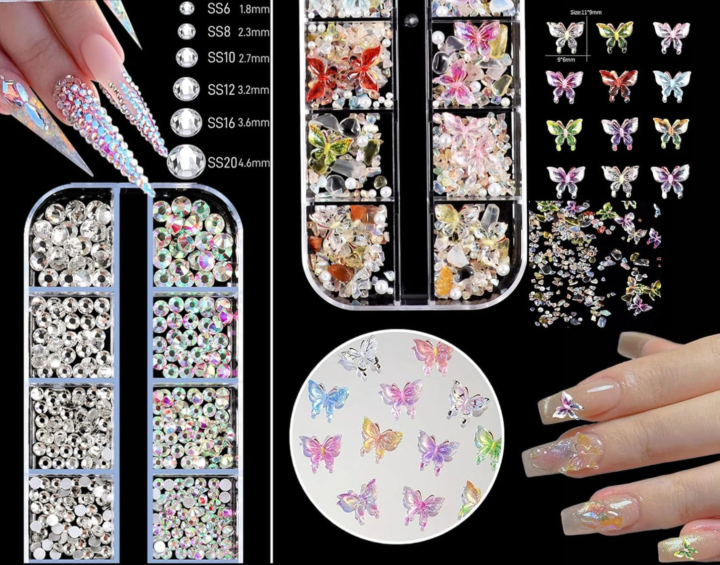 Nail Charms,6 Boxen Gold Silber Nagel Charms 3D Gold Bogen Stern Nail Art Dekoration+6200 Strasssteine ​​​​Bunt Steine ​​​​AB Perlen Diamanten,3D Legierung Bow Nail Gems Nagel Deko Für Frauen Nagel (6-A)