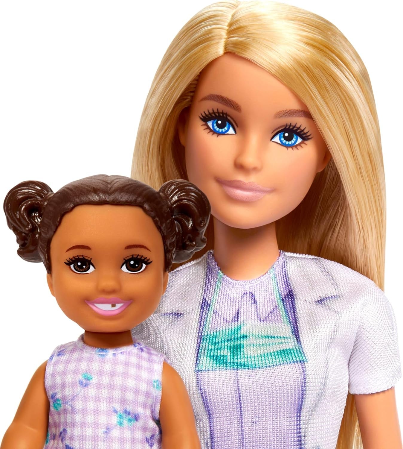 Barbie-Zahnarztpuppe, Modepuppe mit blonden Haaren, blauem Kleid und Laborkittel, 1 Kinderpuppe, Untersuchungszubehör und verschiedene Accessoires, JCR74