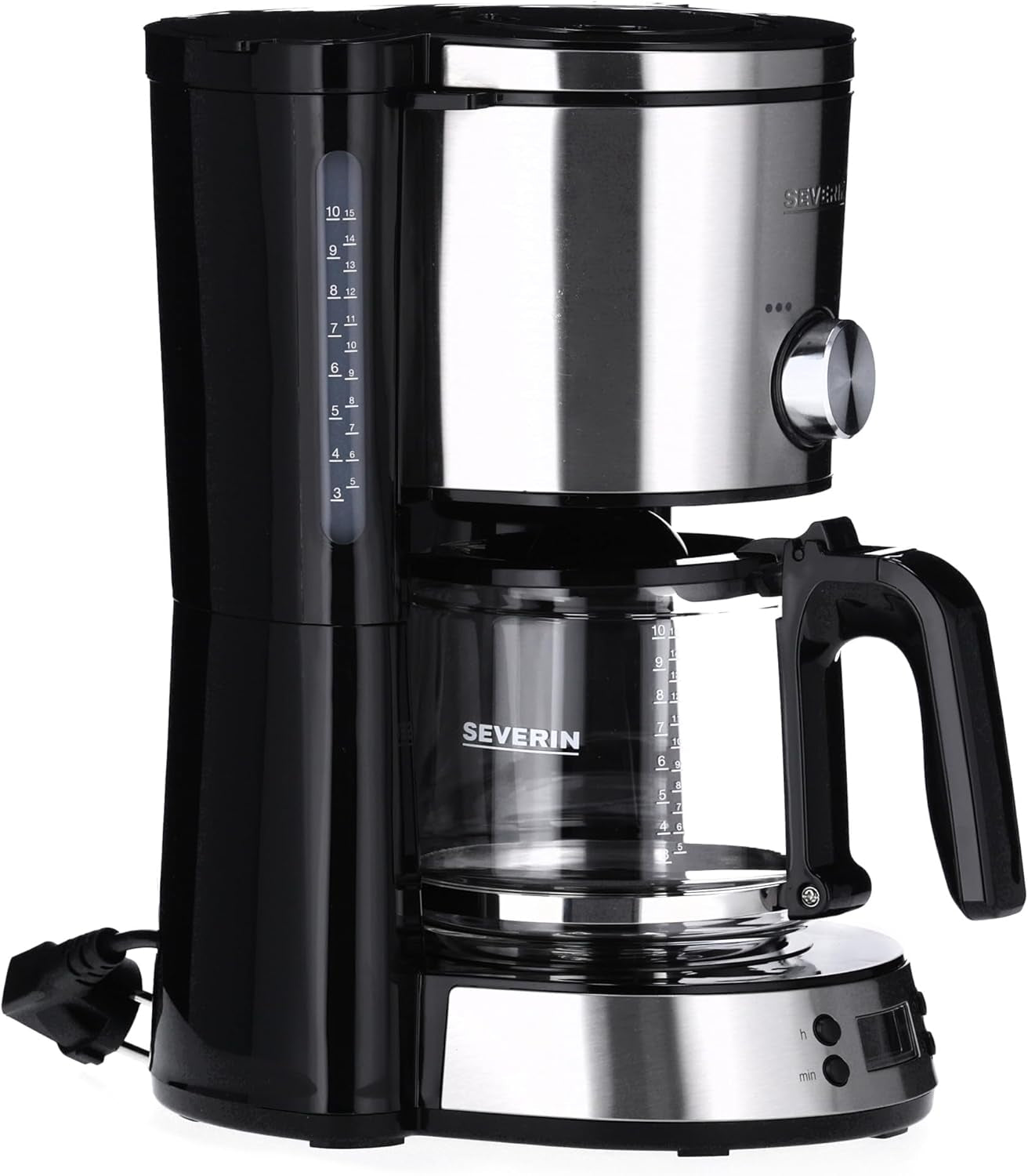 SEVERIN Espressomaschine „TypeSwitch“ mit Glaskaraffe und Timer, AromaSwitch zur Auswahl von 2 Brühoptionen, Digitaluhr mit Timerfunktion, für bis zu 10 Tassen, 1000 W, Edelstahl gebürstet-schwarz, KA 4826