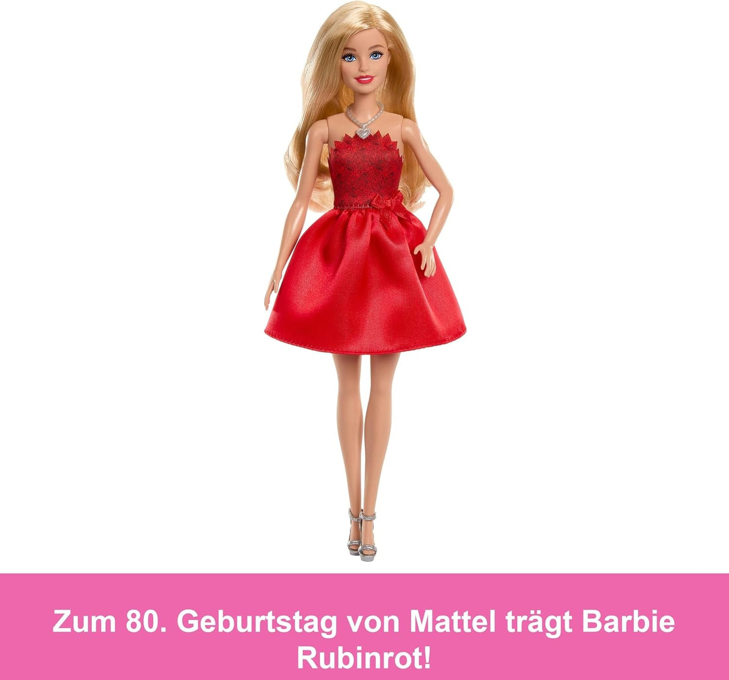 Mattel Rubinrote Blonde Barbie-Party-Modepuppe zum 80. Jubiläum rotes Kleid mit silbernen Schuhen und Halskette, Sammelspielzeug, JGD25