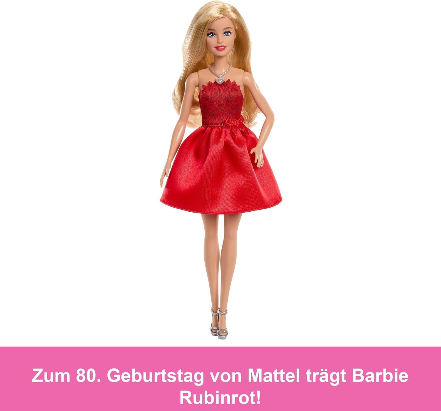 Mattel Rubinrote Blonde Barbie-Party-Modepuppe zum 80. Jubiläum rotes Kleid mit silbernen Schuhen und Halskette, Sammelspielzeug, JGD25